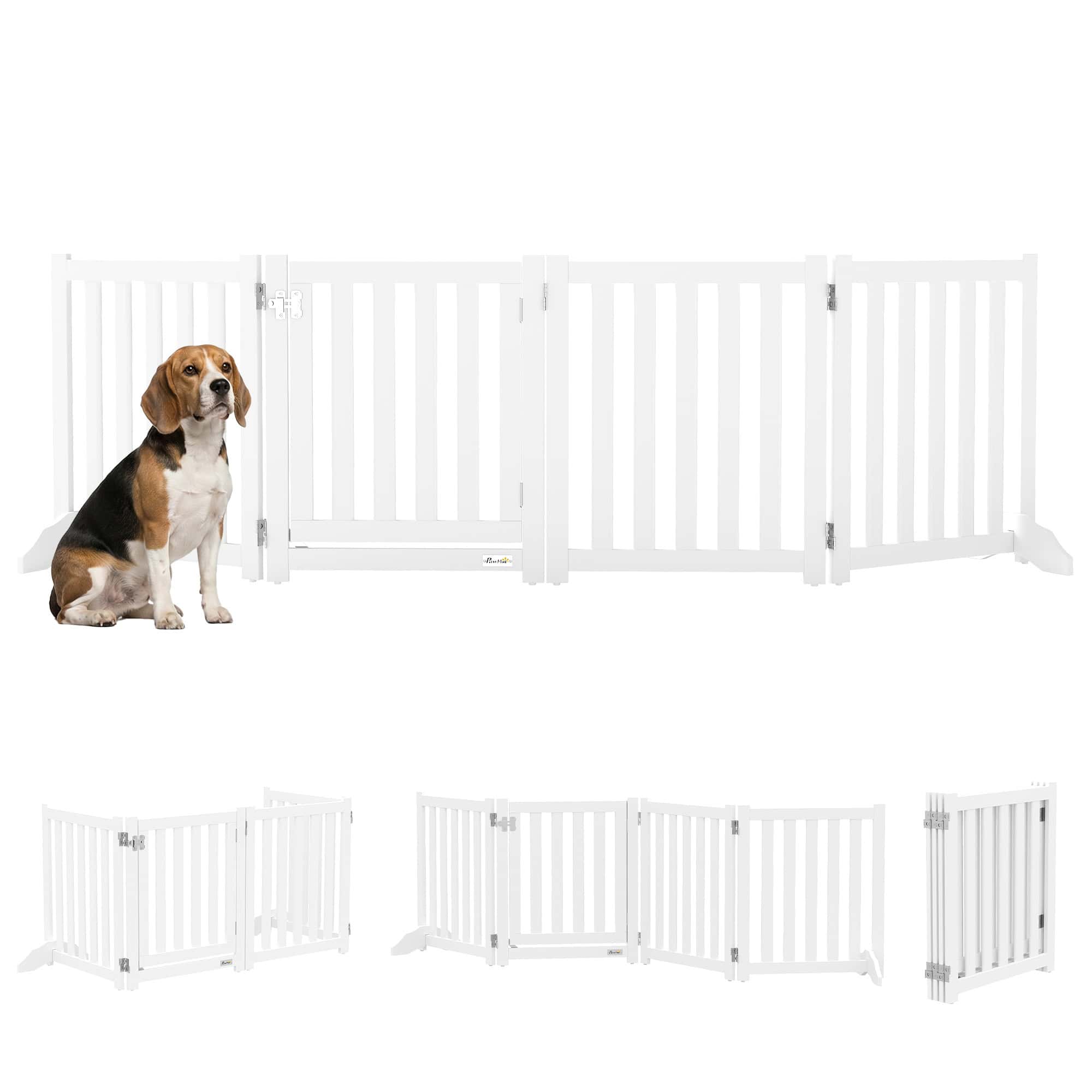 23.5"H Foldable Dog Gate with Door, 4 Panels Freestanding Pet Gate Barriers Indoor with Support Feet, Puppy Fence for Dogs, White