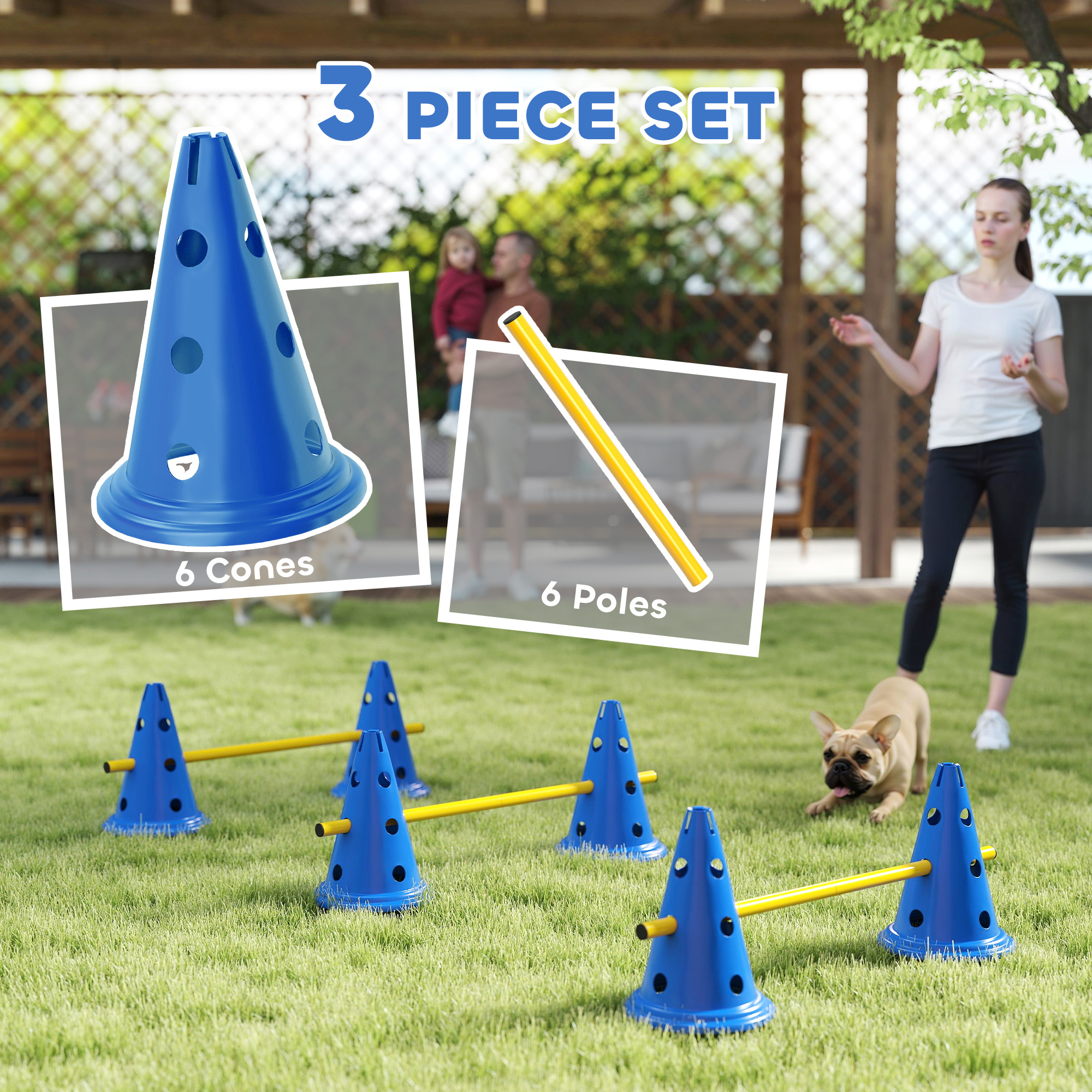 Dog Agility Hurdle Cone Set, Adjustable Obstacle Course Equipment with 6 Cones & 6 Poles, Carry Bag, Blue