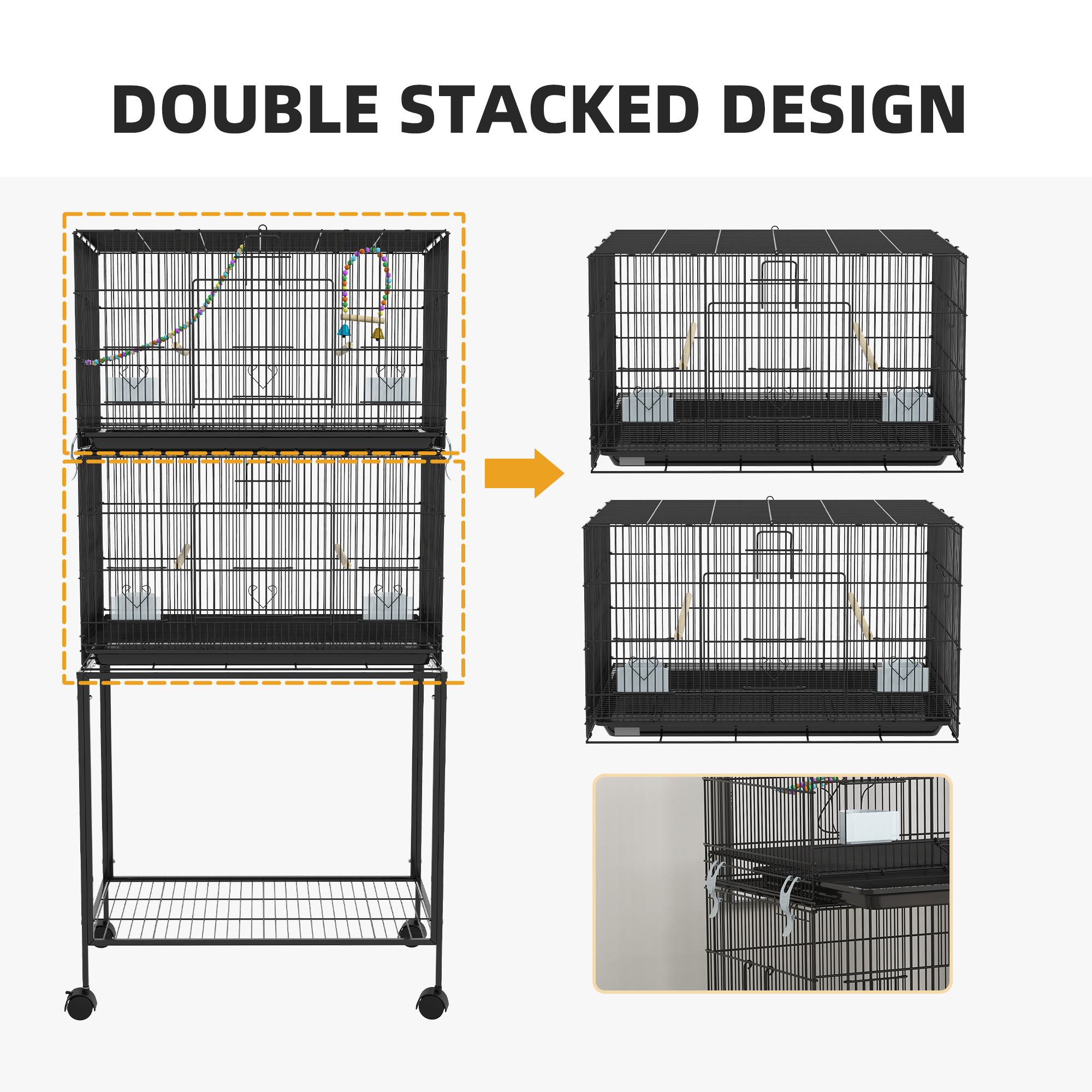 65" Birdcage for Canaries, Lovebirds Finches, Budgie Cage with Wheels, Black