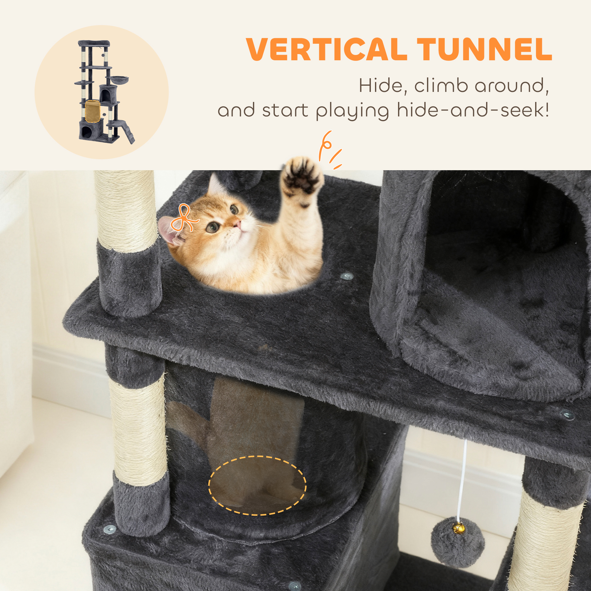 67" Large Cat Tree with 7 Scratching Posts, Tunnel, 2 Condos, Hammock, Perch, Ramp, Pompoms, Dark Grey - Image 4