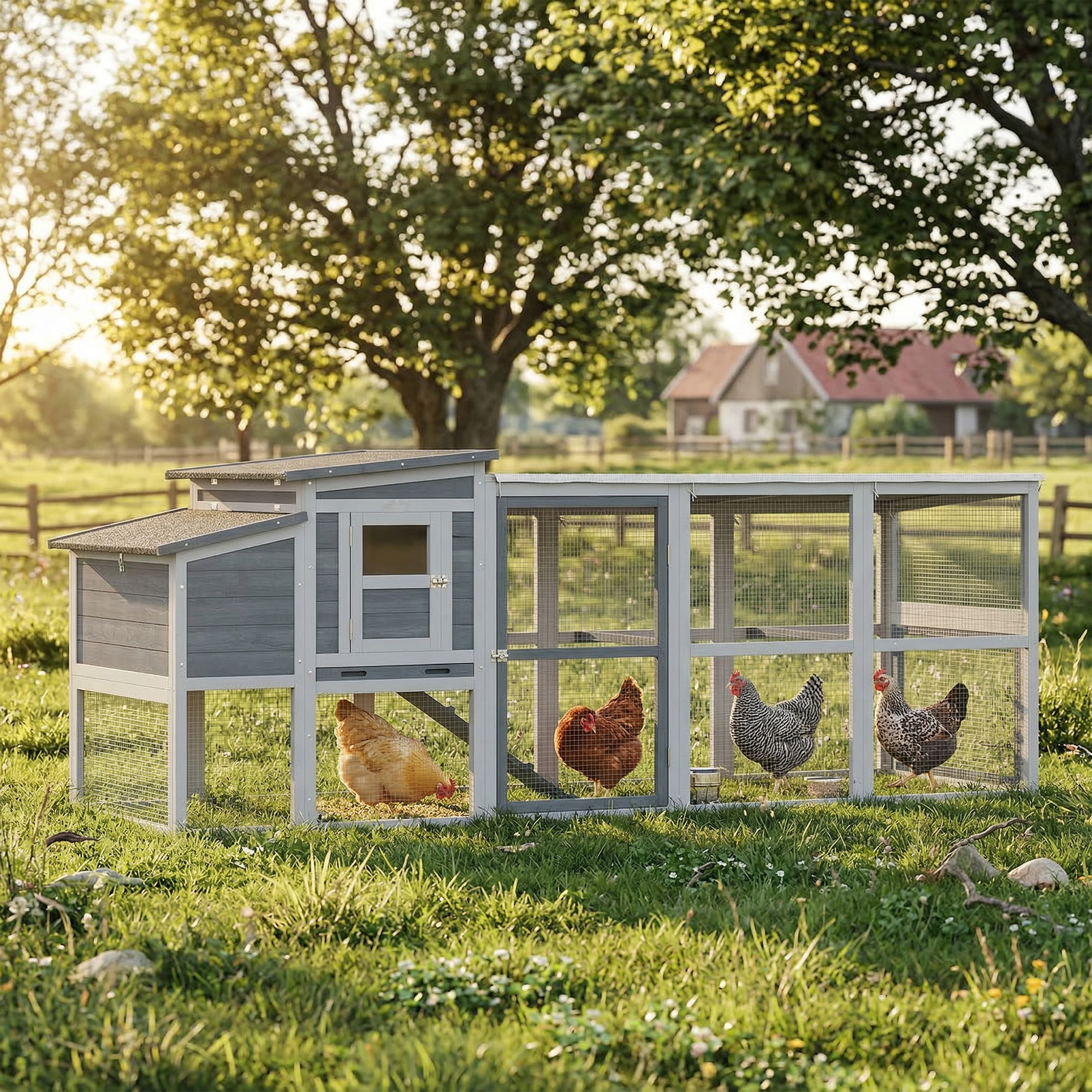 Large Chicken Coop, Wooden Hen House with Covered Run, Nesting Box, Pull-Out Tray, Opening Asphalt Roof