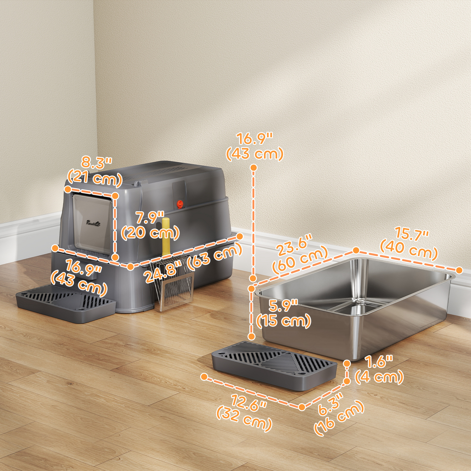 80L XL Stainless Steel Cat Litter Box for Big Cats with Flip Cover, Pull-Out Drawer Tray, High Sided, Pedal, Dark Grey