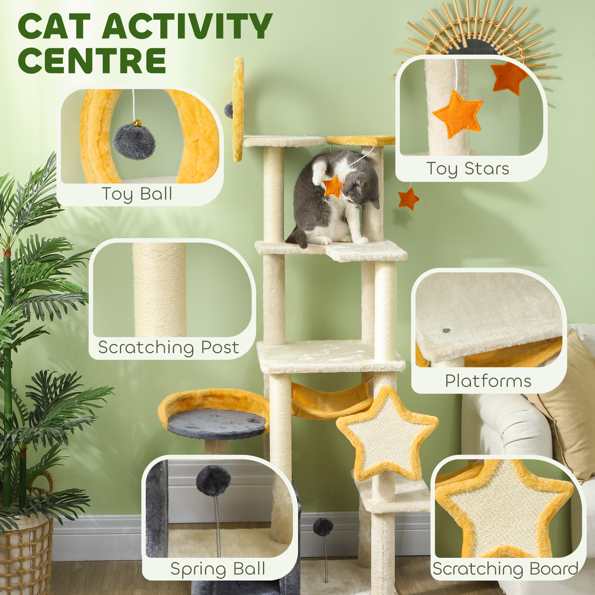 Star and Moon Themed Cat Tree with Cat Scratching Posts, Cat Condo, Bed, Scratching Board, Cat Toys, Beige