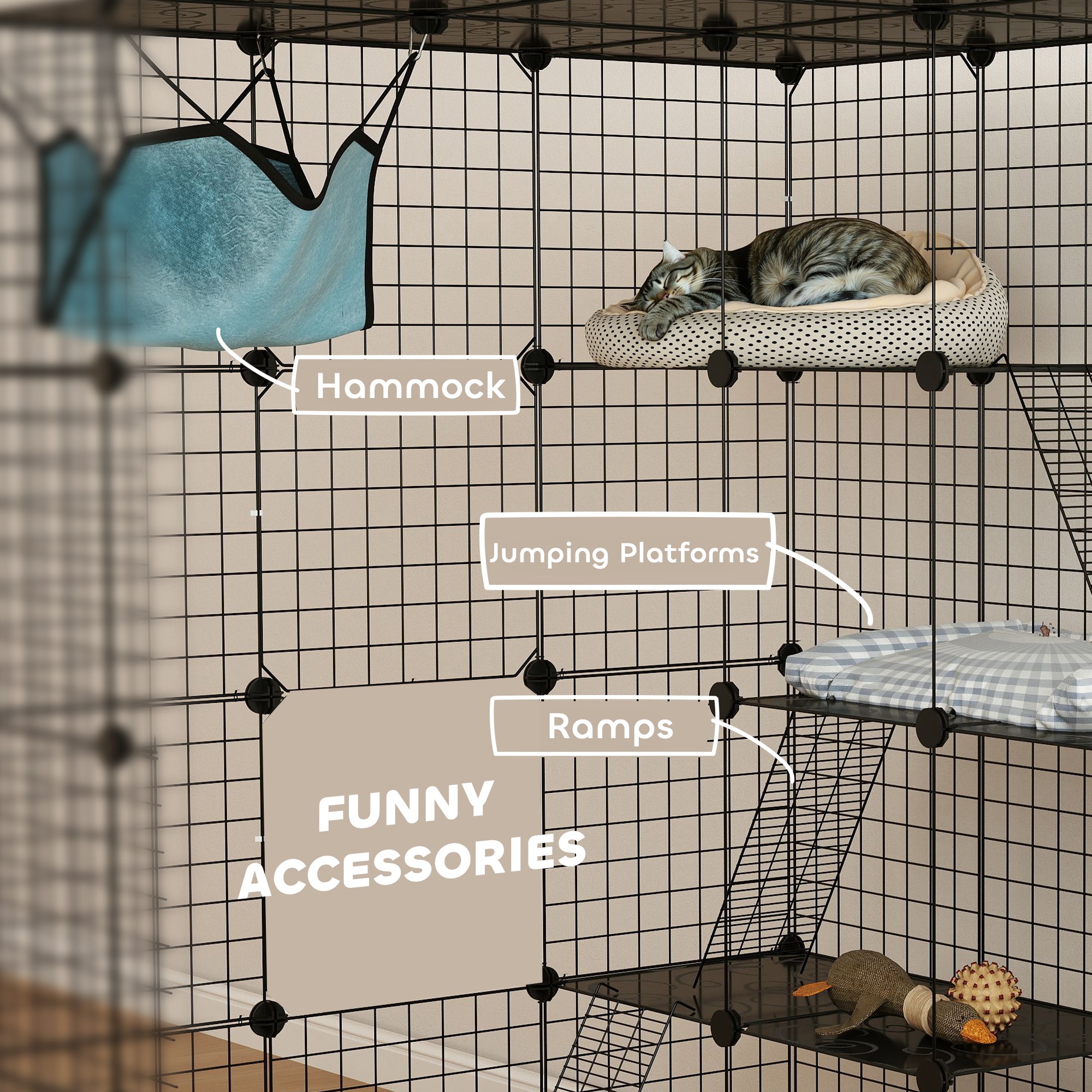 4 Tier DIY Cat Cage Indoor, Catio for 1-3 Cats with Hammock, 5 Doors, 3 Ramps, 3 Jumping Platforms, for 1-3 Cats, Black