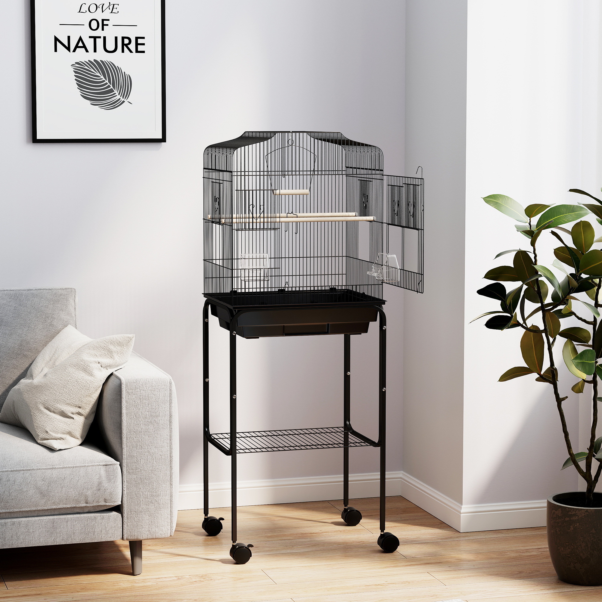 49" Rolling Bird Cage Cockatoo House Play Top Finch Pet Supply with Storage Shelf, Wheels - Black