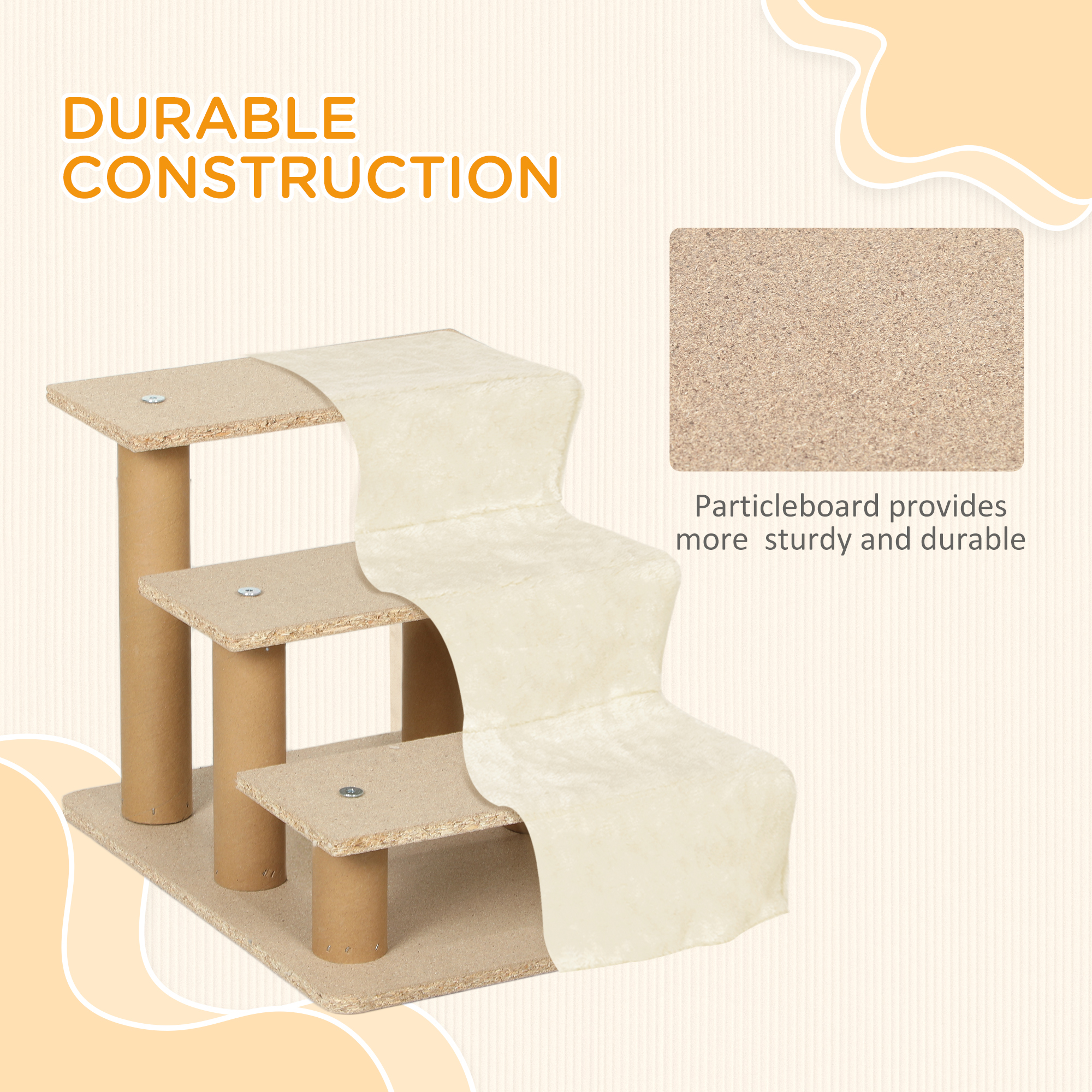 3-Step Dog Ramp for Sofa, Bed, and Couch, Pet Steps Ladder with Removable Cover, Beige