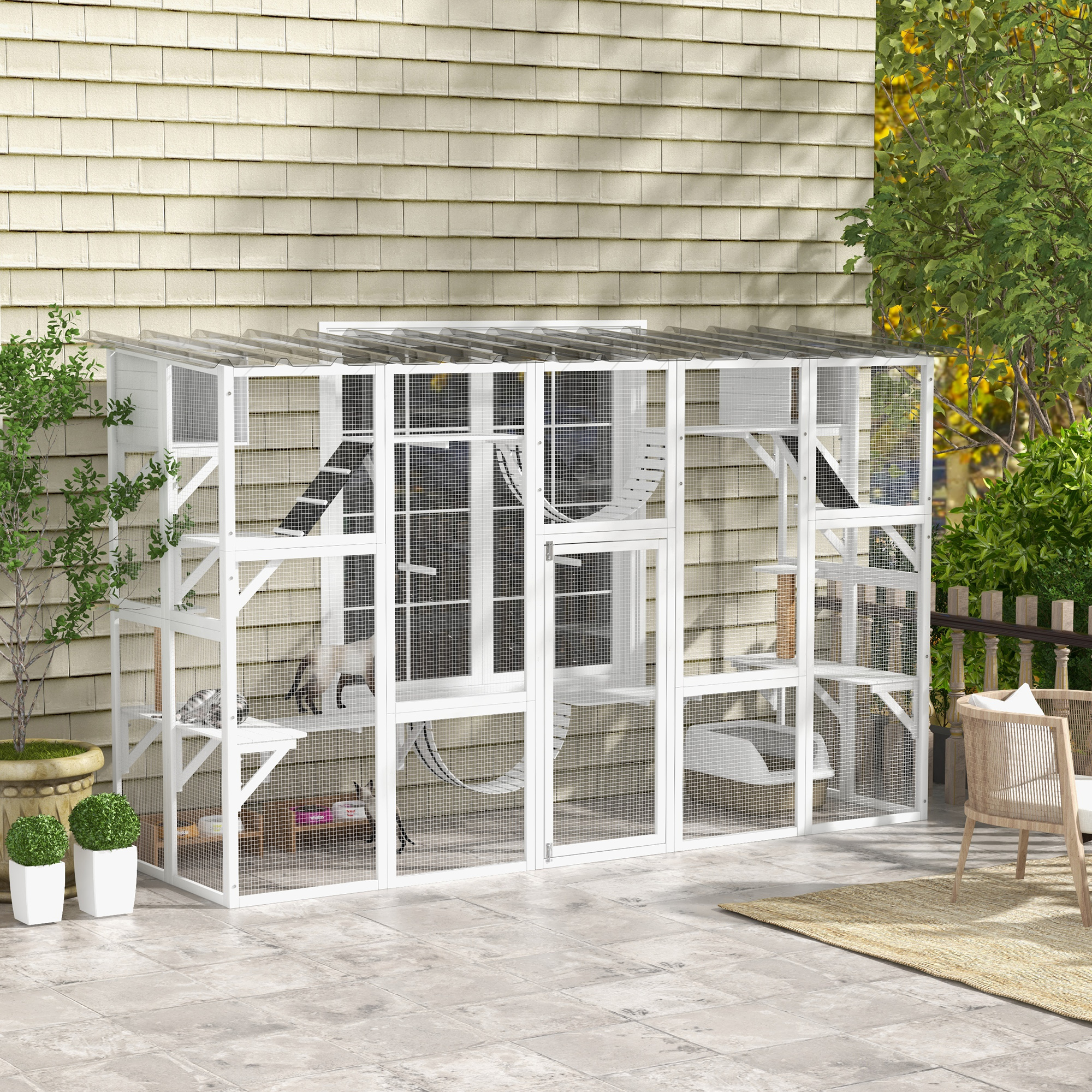 Large Outdoor Catio with Condos, Platforms, Doors, Ladders, Weather-Resistant Roof, White - Image 8