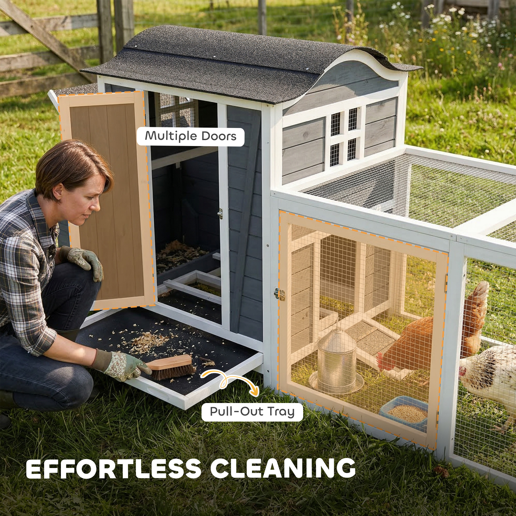 118"L Chicken Coop, Large Wooden Hen House with Run, Pull-Out Tray, Waterproof Roof, Nesting Box, Swing, Roosting Bars - Image 6