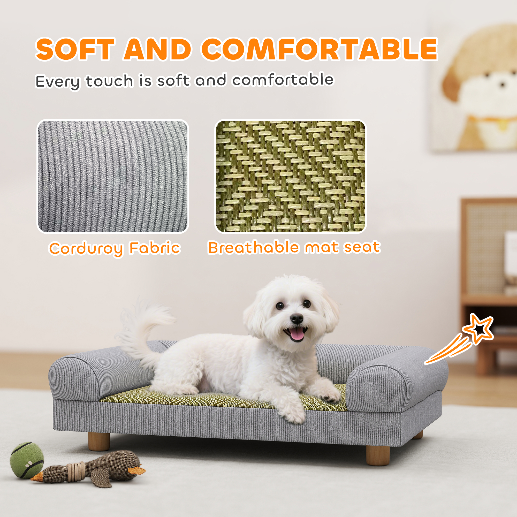 Pet Sofa, Dog Couch Bed for Small Dogs, Elevated Pet Sofa with Solid Feet for Indoor Kittens, Grey
