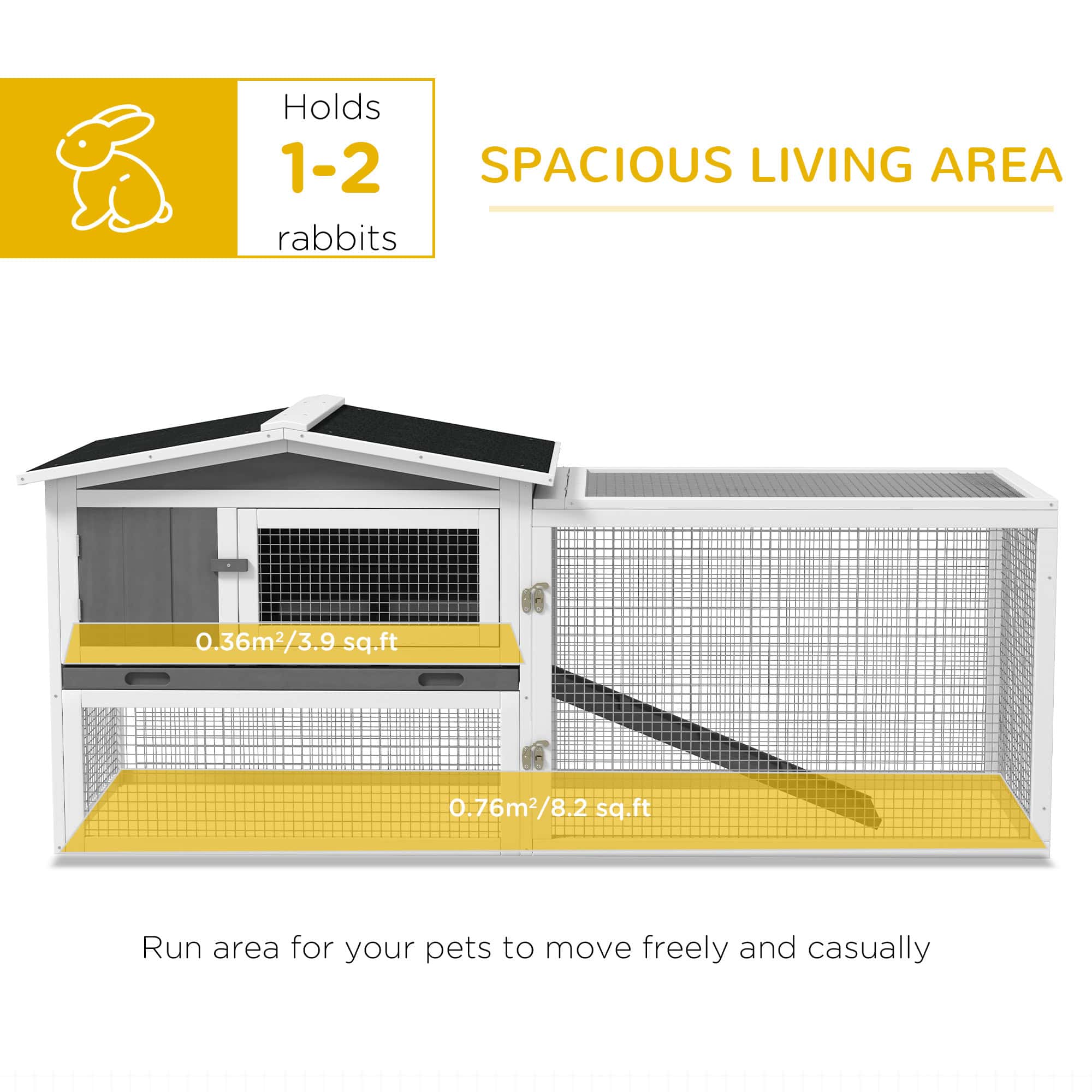 Wooden Rabbit Hutch Guinea Pig House with Removable Tray, Openable Roof, Trough, Run for Tortoises and Ferrets, Grey