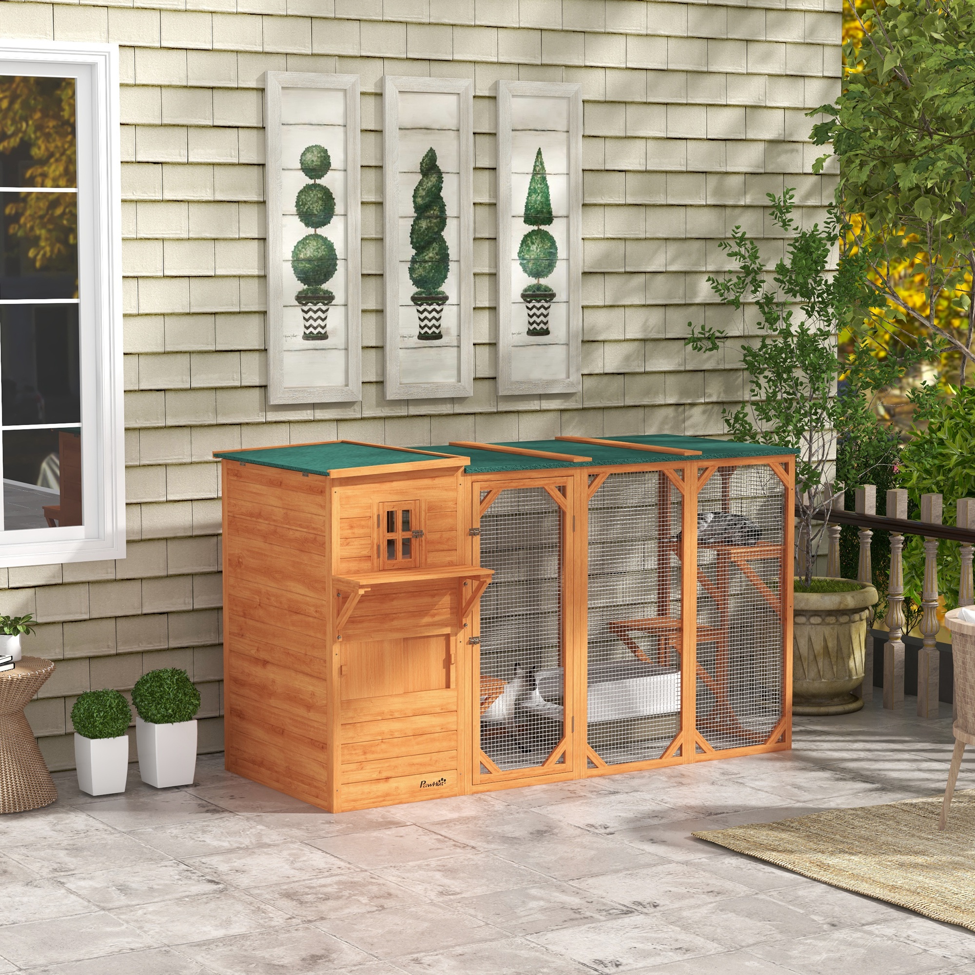 Wooden Cat Catio, 76"L Walk in Outdoor Cat House with Asphalt Roof, Platforms, Lockable Doors for 2-3 Cats, Orange
