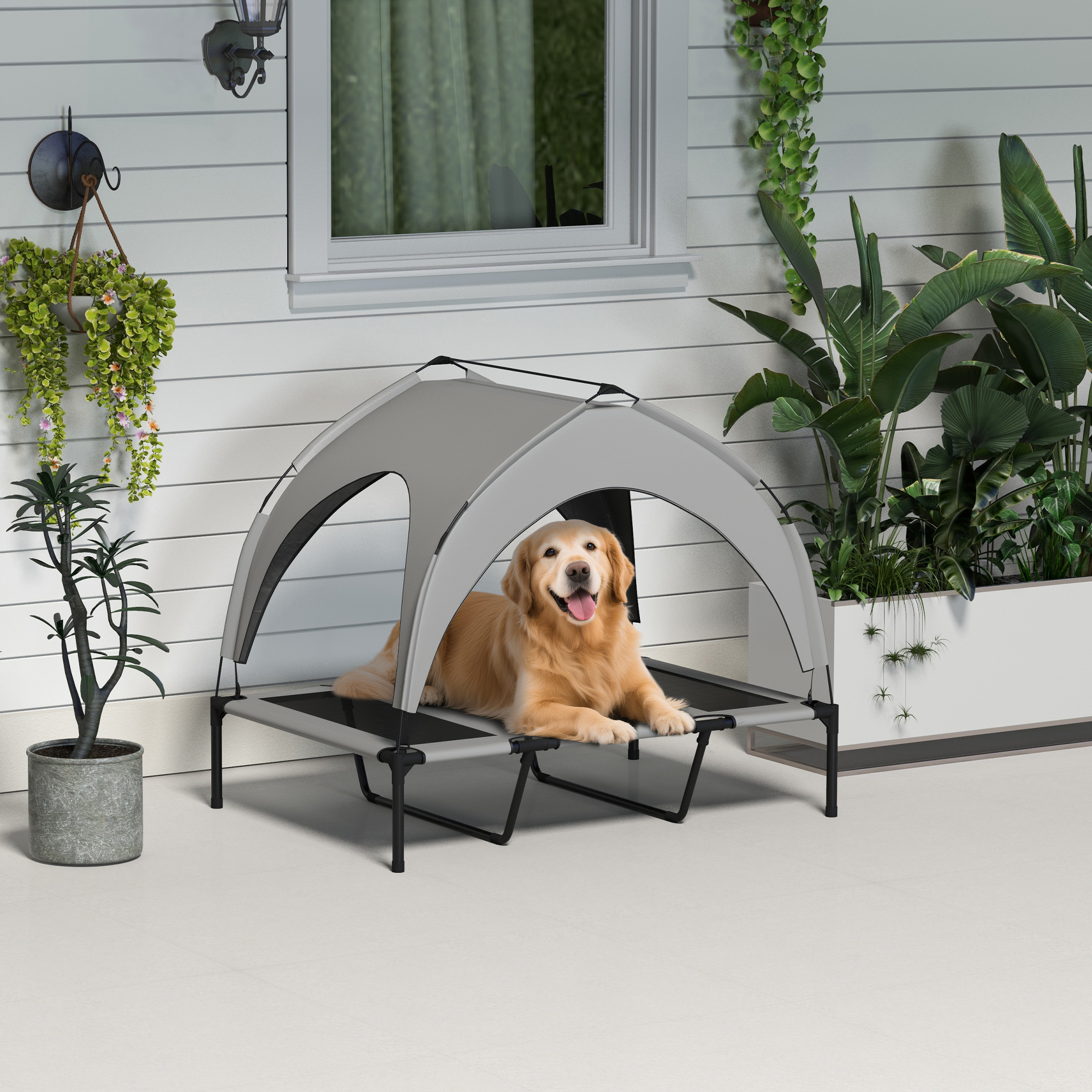 Raised Dog Bed Cooling Dog Cot w/ Canopy Washable Breathable Mesh, for Large Dogs, Light Grey - Image 8