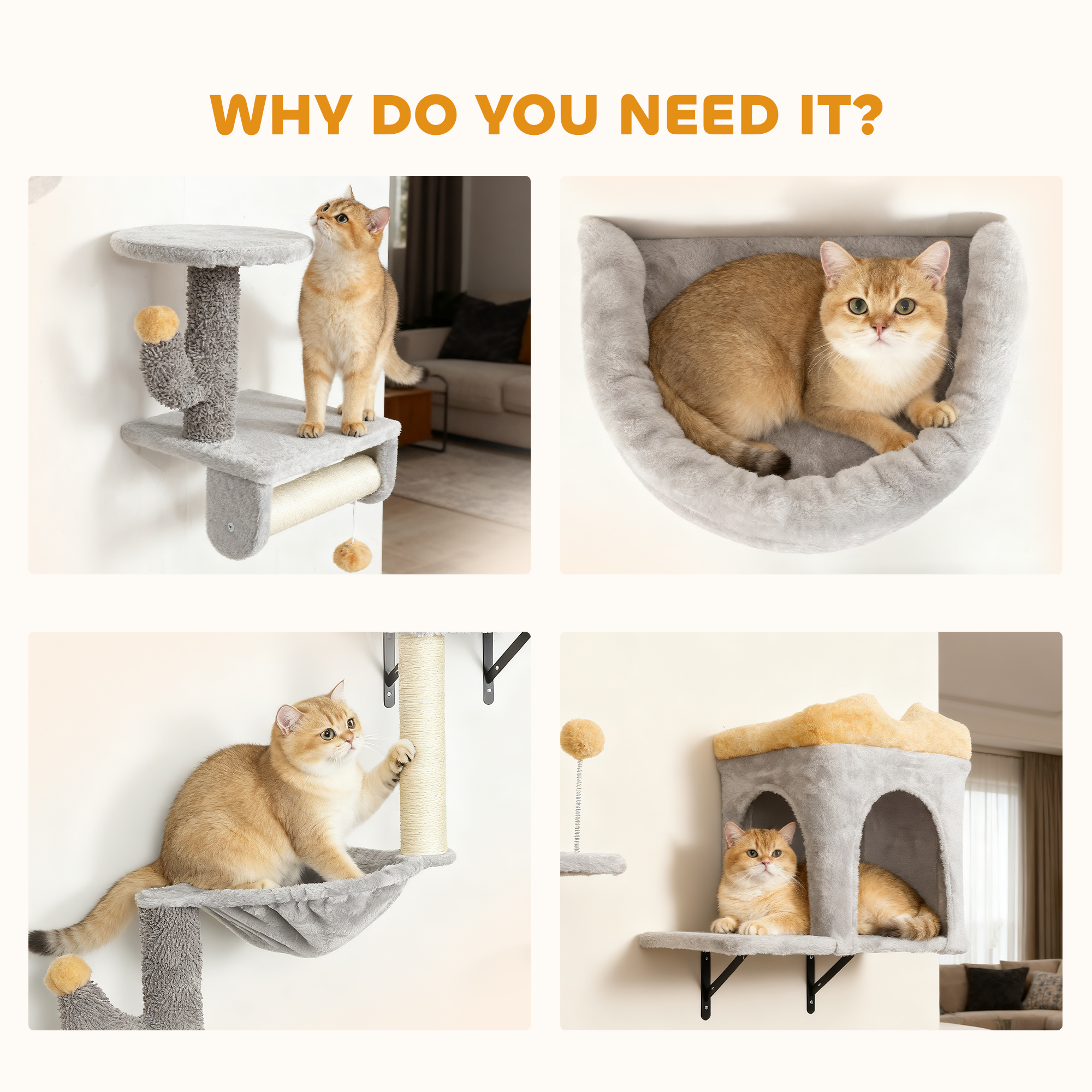 Cat Wall Shelves, 4 Pcs Cat Wall Furniture Set with Scratching Posts, Condo, Hammock, Perchs, Light Grey