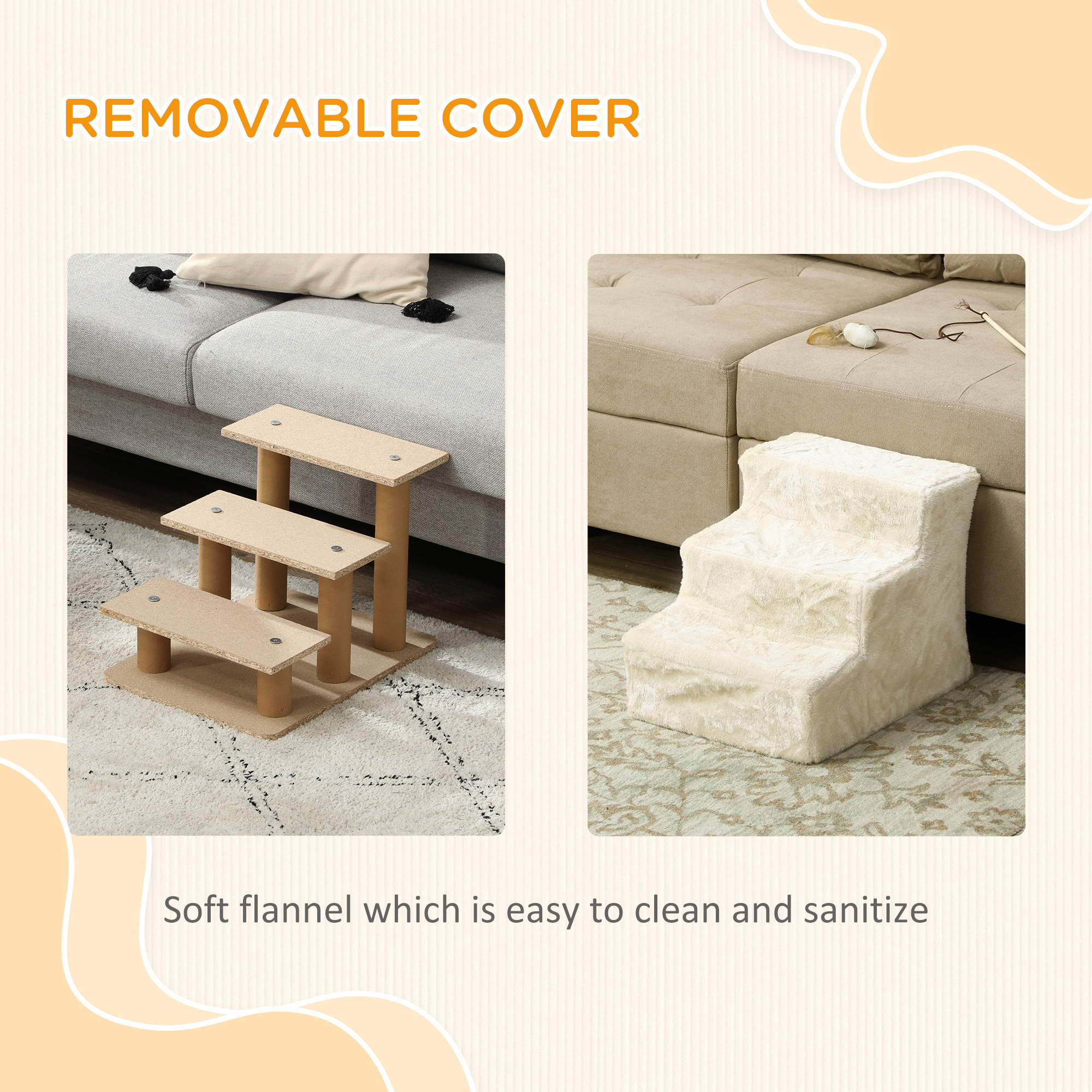 3-Step Dog Ramp for Sofa, Bed, and Couch, Pet Steps Ladder with Removable Cover, Beige
