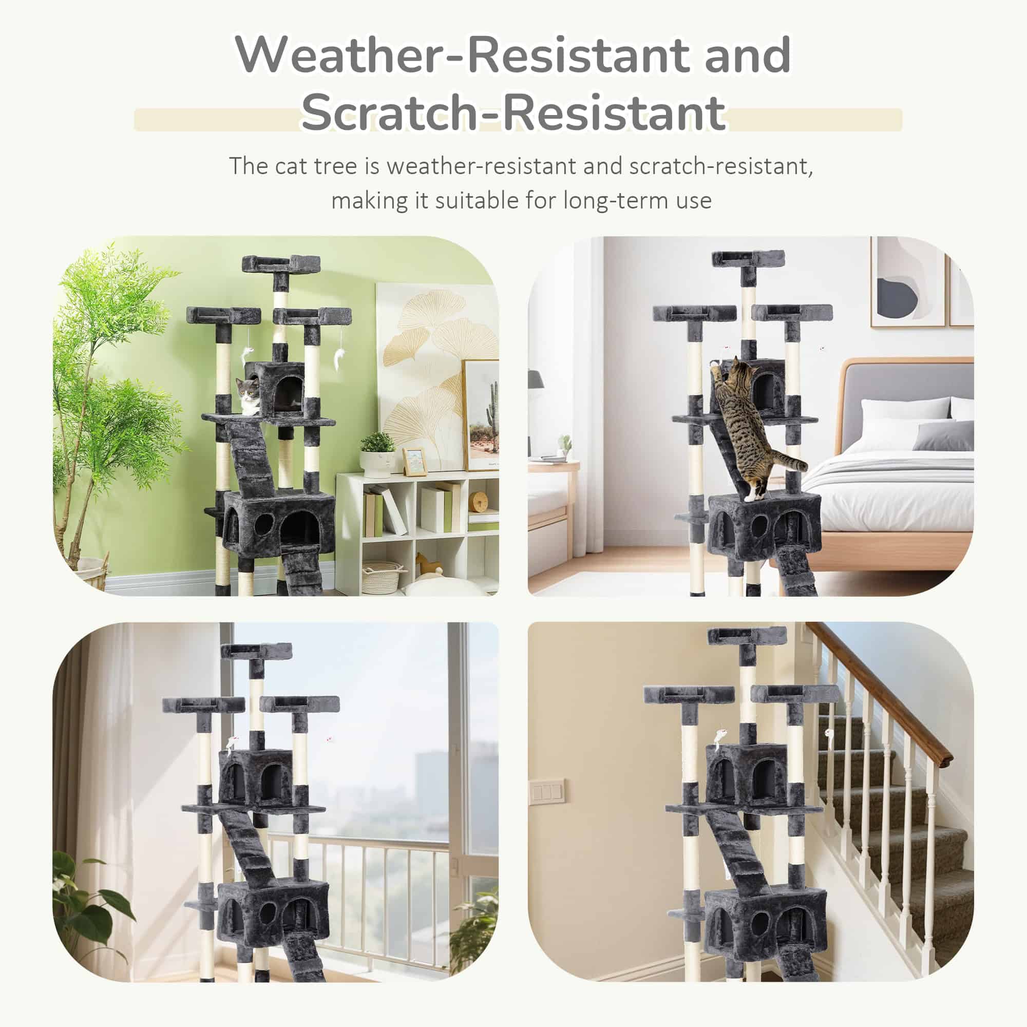 68" Multi-Level Cat Scratching Tree with 3 Perches & 2 Condos, 4 Tier Kitty Activity Center with Ladders & Dangling Toys, Grey - Image 4