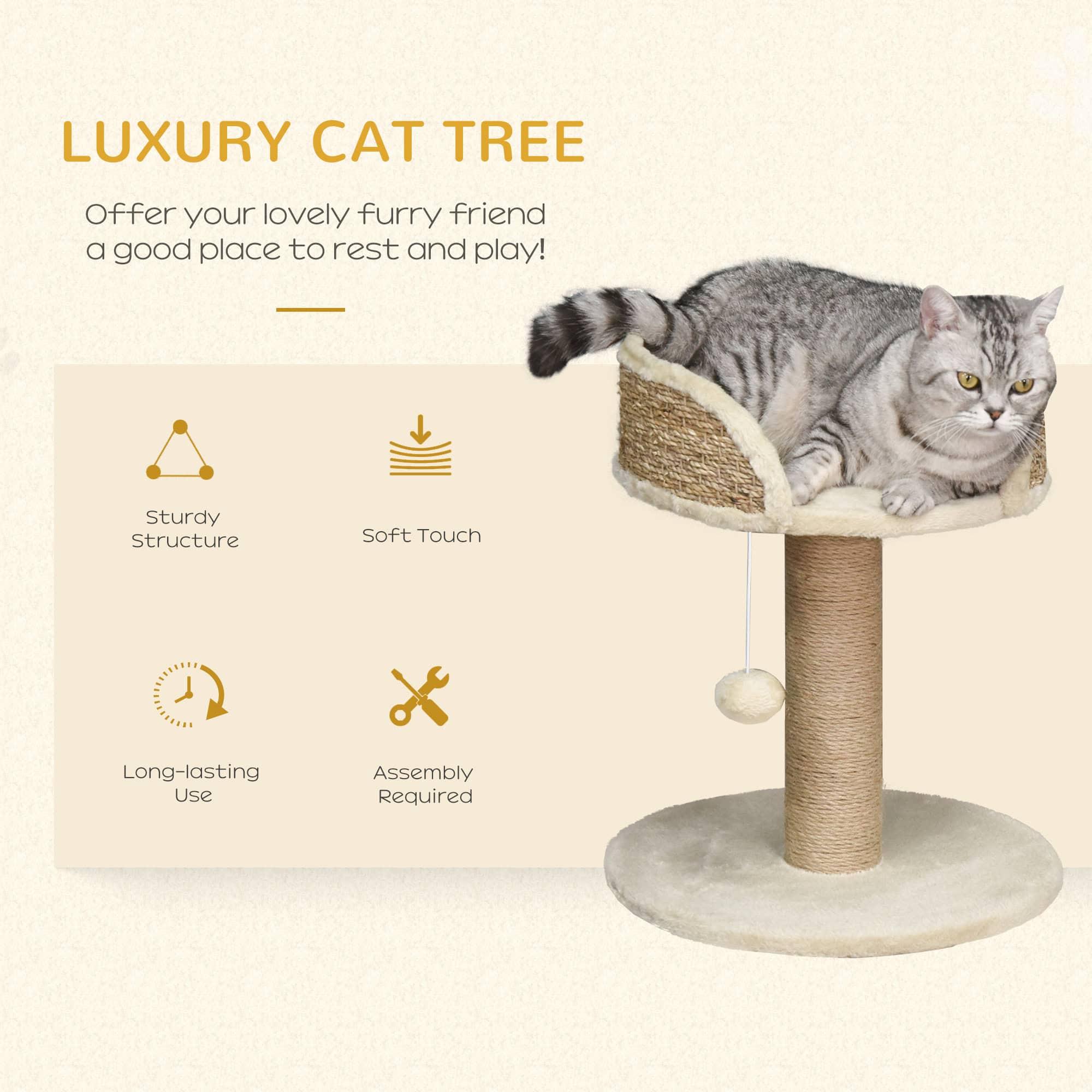 Cat Tree with Scratching Post, Toy Ball, Perch, Small Cat Tower for Indoor Cats - 16" x 16" x 19", Beige