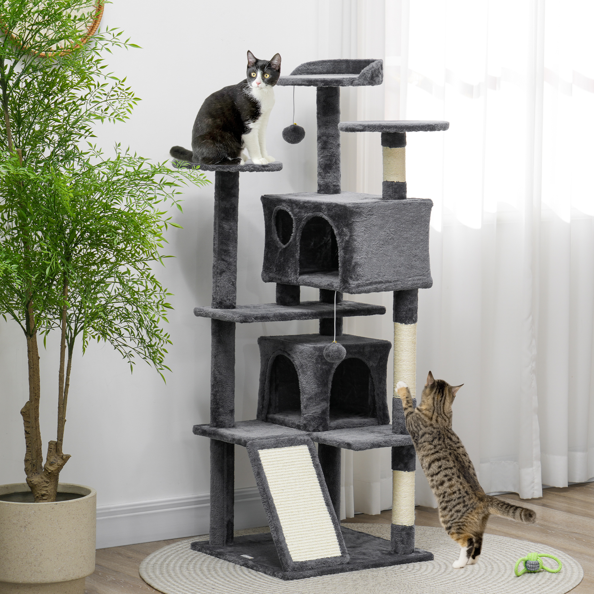 54" Cat Tree, Multi-Level Cat Tower with Scratching Posts, Cat Condos, Bed, Platforms, Ramp, Toy Ball, Dark Grey