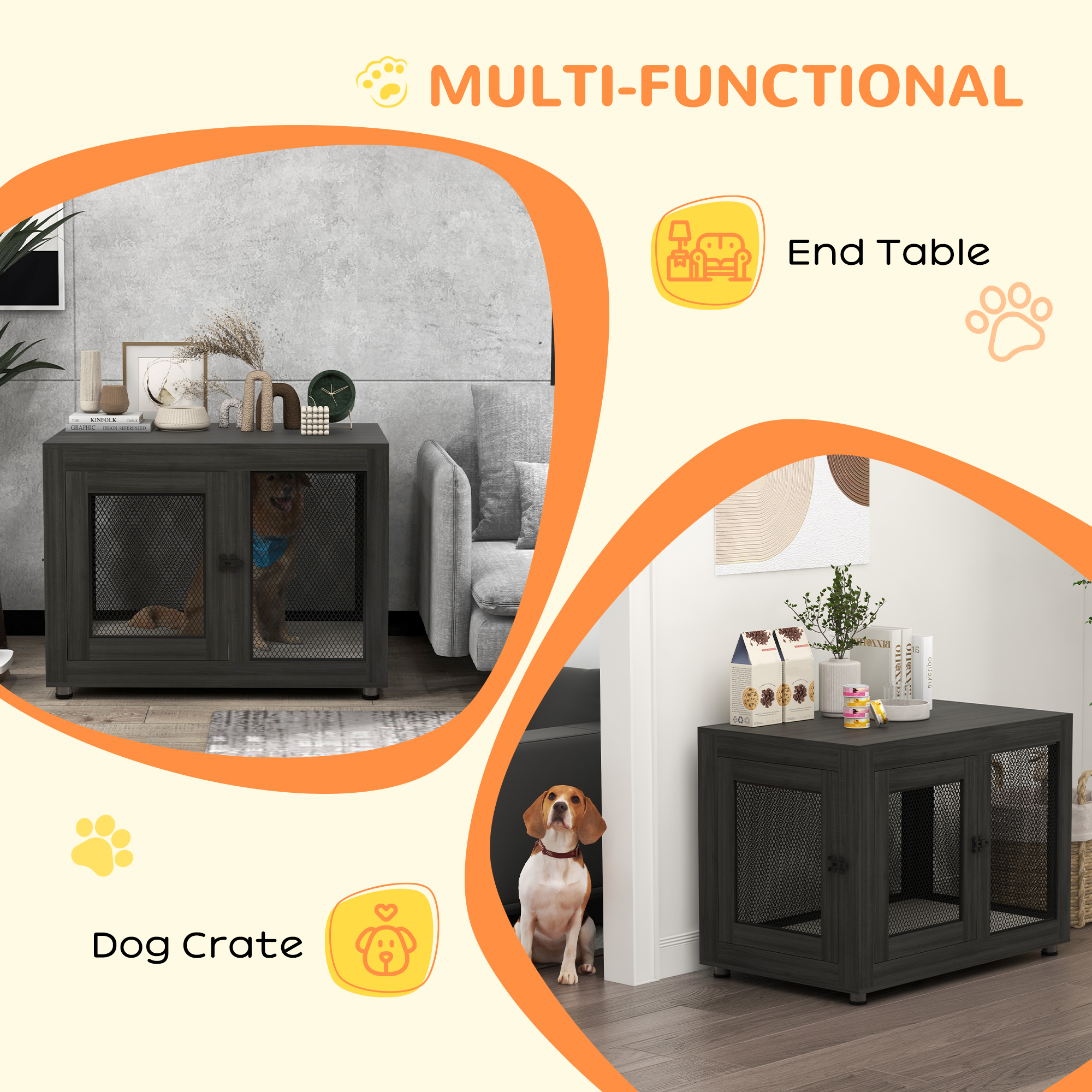 Pet Crate End Table with Water-resistant Cushion or Large Medium Dogs, Black