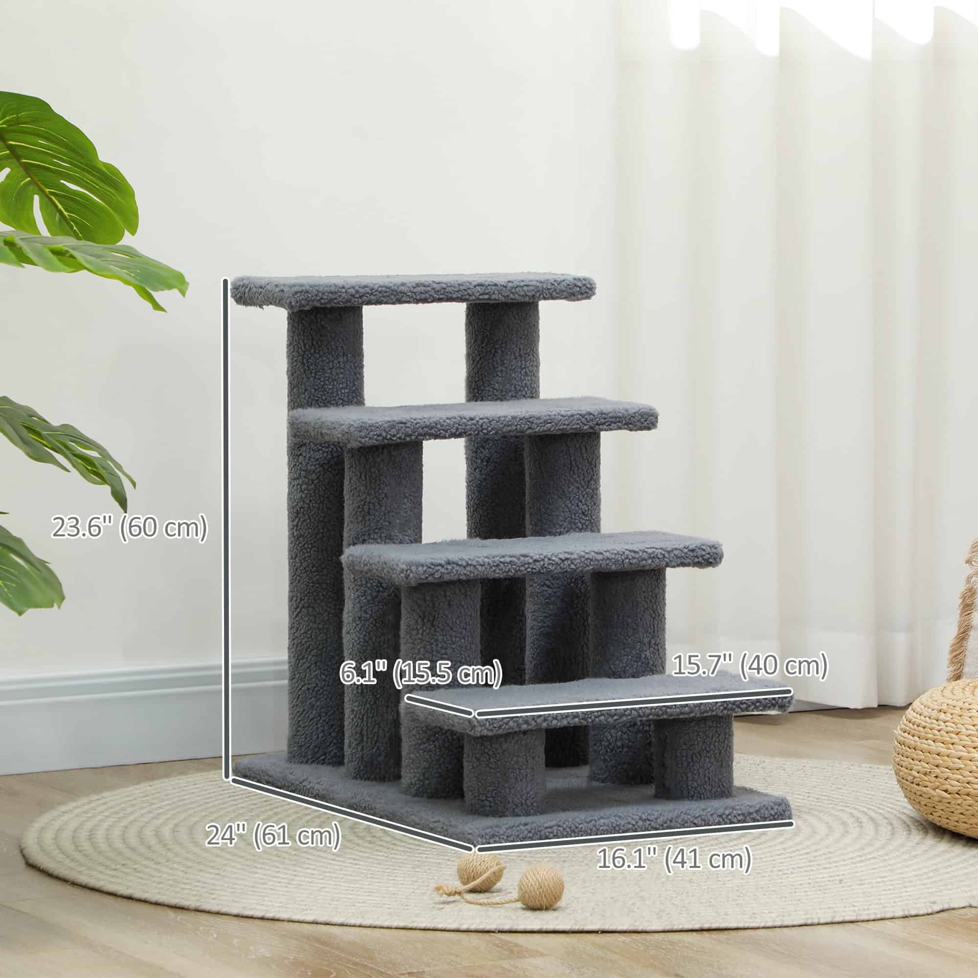 4-Step Multi-Level Carpeted Cat Scratching Post Pet Stairs, Grey