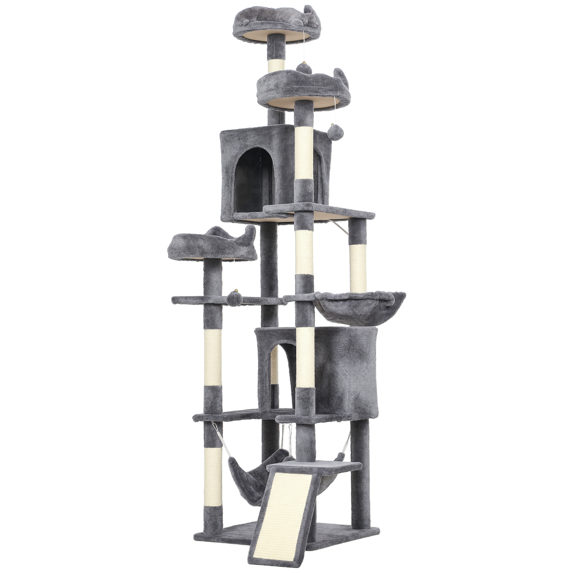 76" Large Cat Tree for Indoor Cats with 8 Scratching Posts, 3 Plush Beds, 2 Hammocks, 2 Large Condos, Ramp, Dark Grey