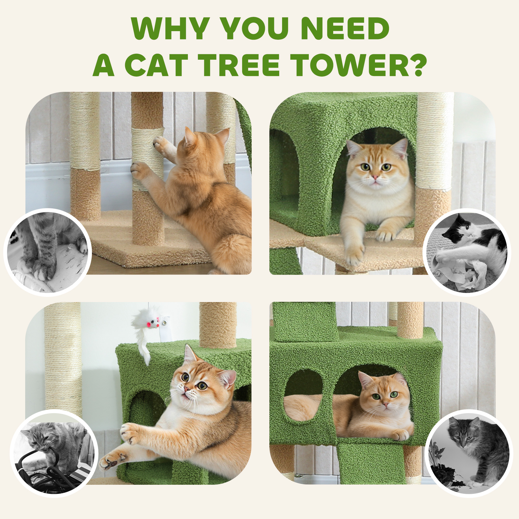 68-inch Multi-Level Cat Scratching Tree Kitty Activity Center Post Tower Condo Pet Furniture w/ Toy Green