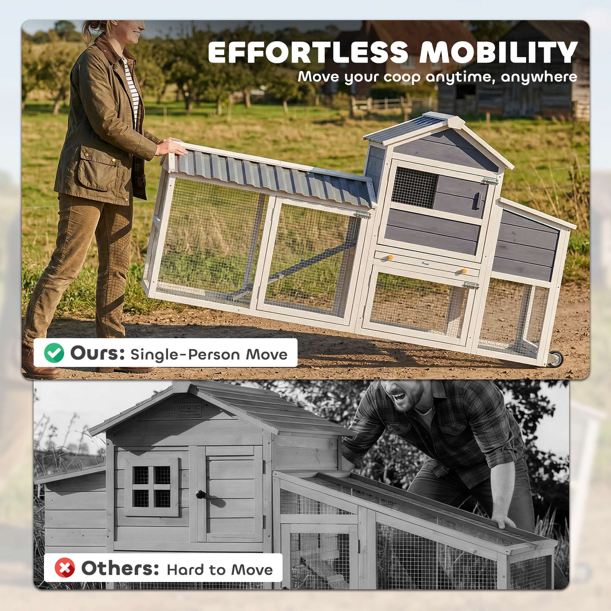 Chicken Coop with Wheels, 80" L Mobile Hen House with Run, Outdoor Wooden Chicken House with Nesting Box, Tray, Ramp