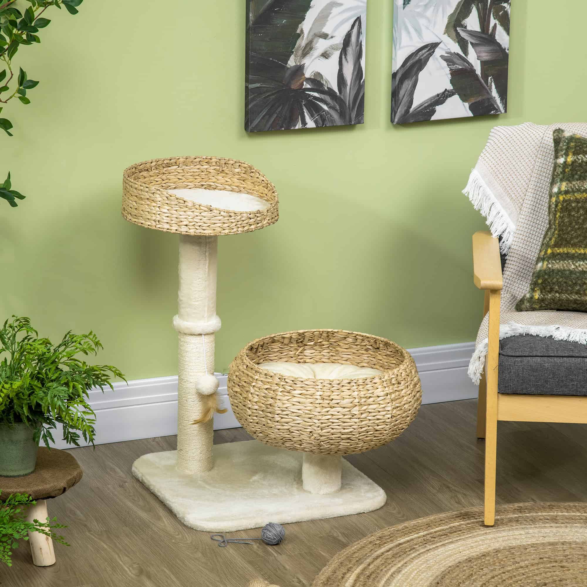 28" Cat Tree with Scratching Post, Cat Tower with Double Beds, Beige
