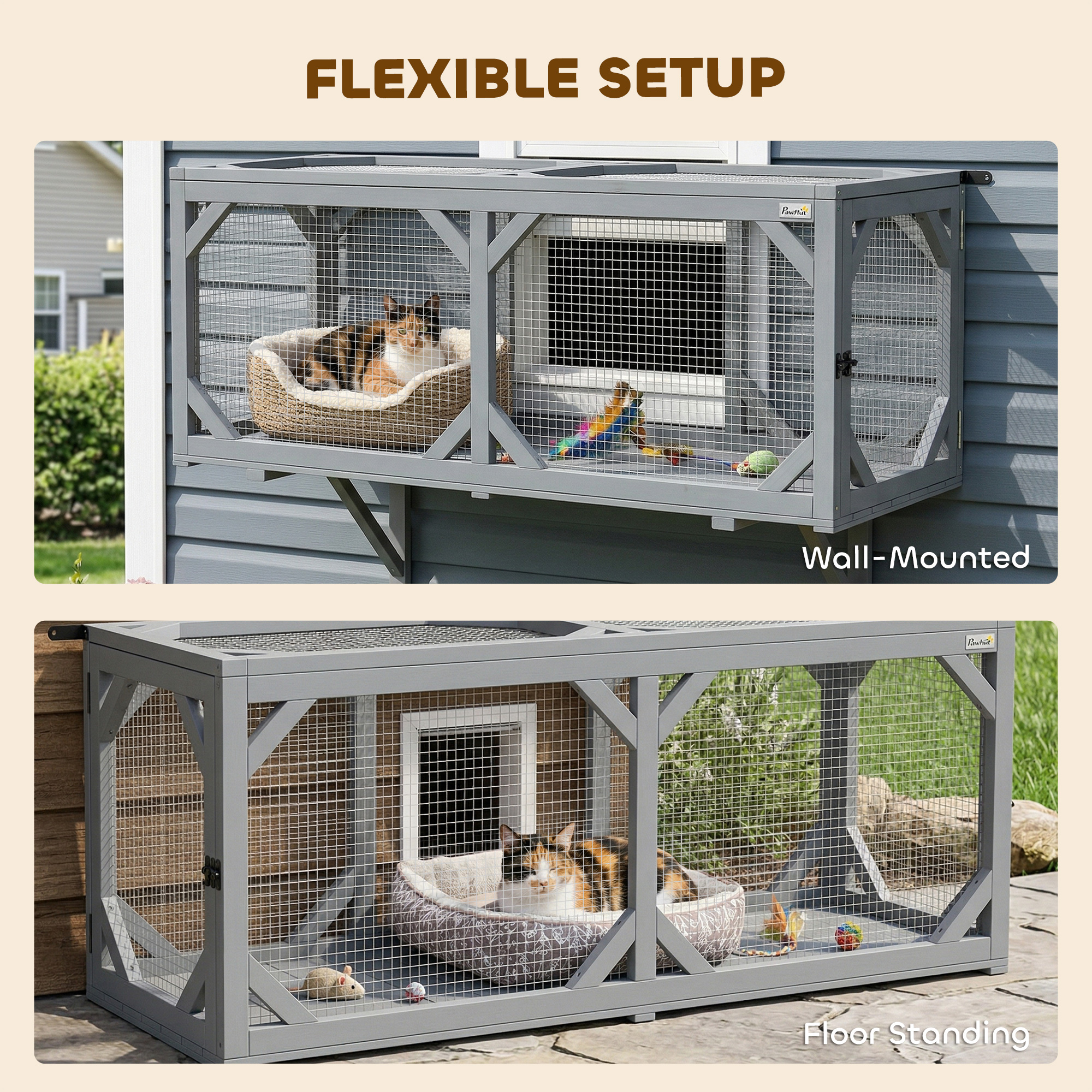 Cat Tunnel, Wooden Catio Outdoor Cat Enclosure with 2 Doors and Extendable Design, Wall-Mounted Pet Run