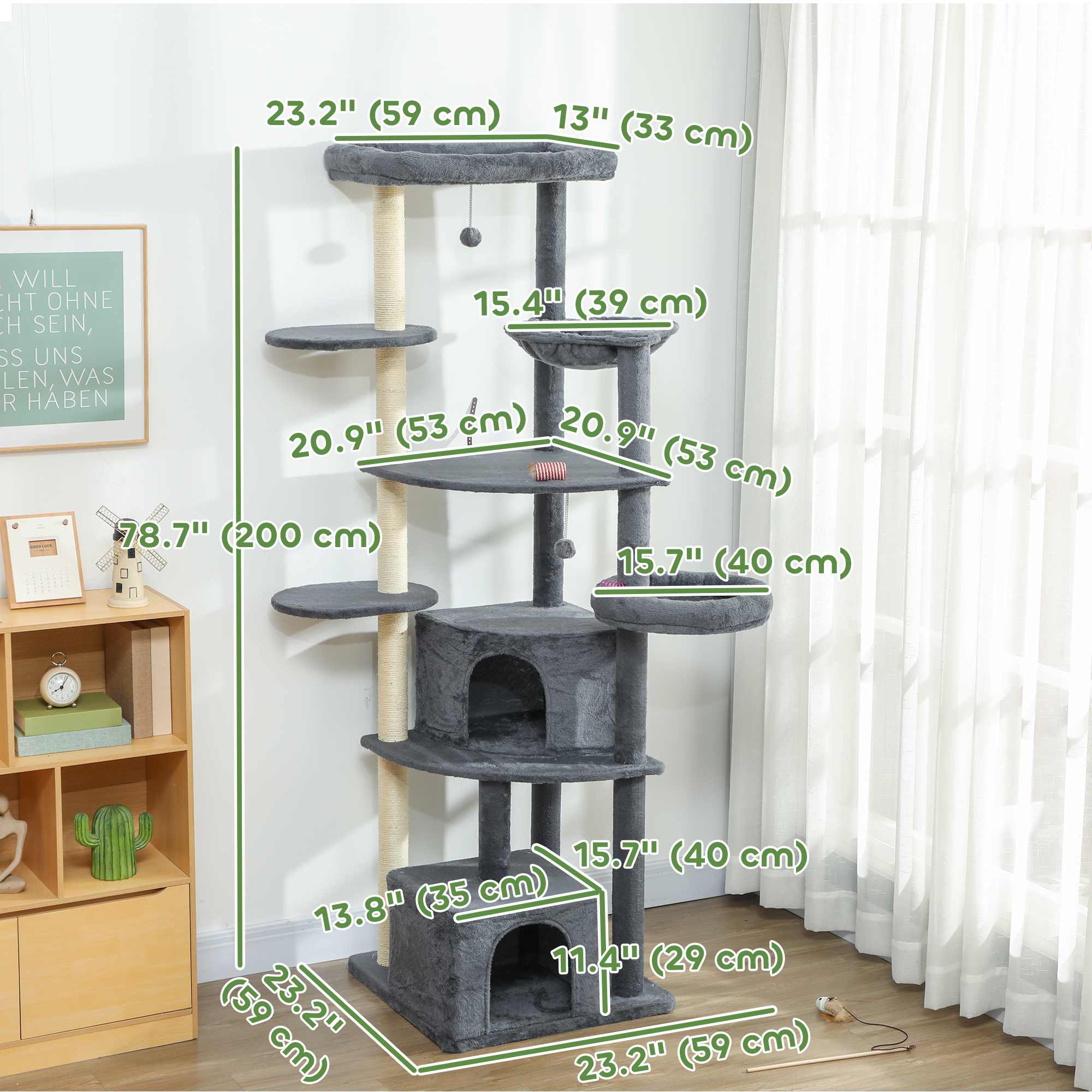 79" Extra Tall Cat Tree with Scratching Posts, Perches, Caves, Hammock, Pompoms, for 2-3 Indoor Cats, Dark Grey - Image 3