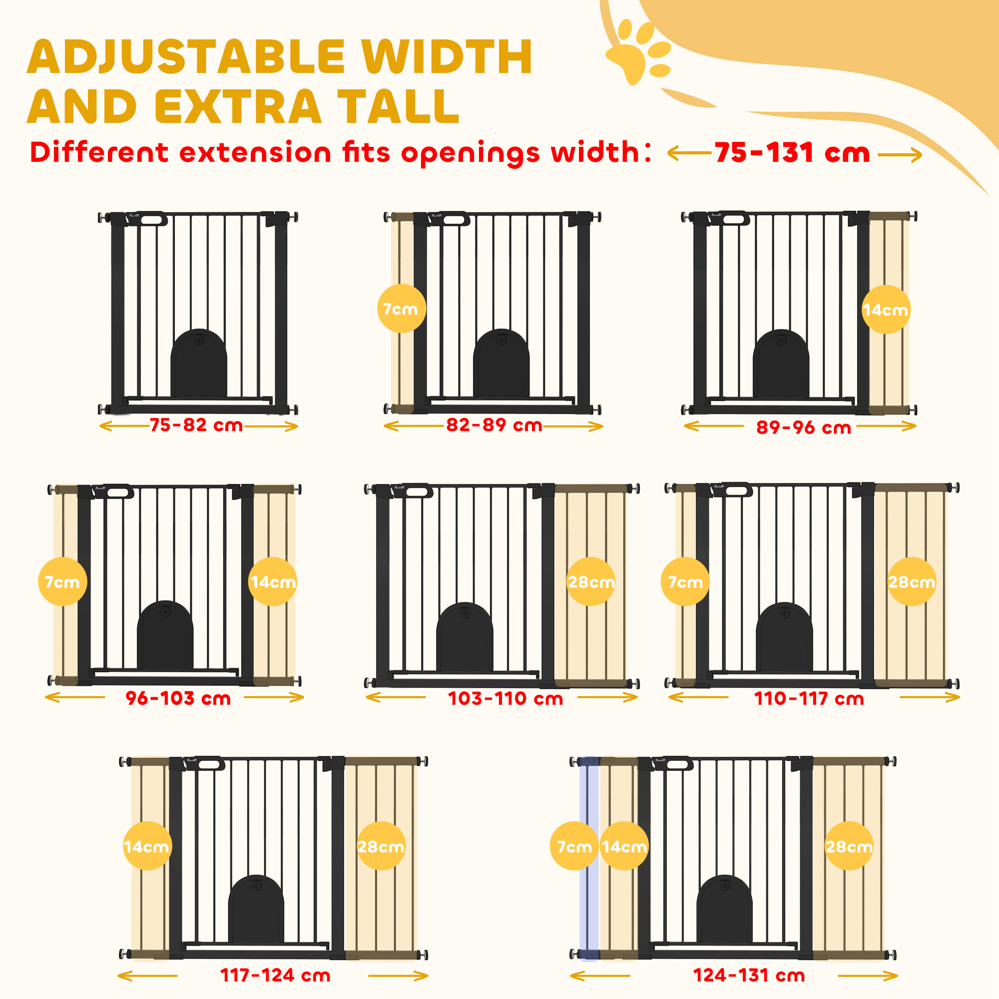30"-52" Extra Wide Pet Gate Barrier with Small Door, 30"H Dog Gate with Safety Gate Barrier, Stair Pressure Fit, Black