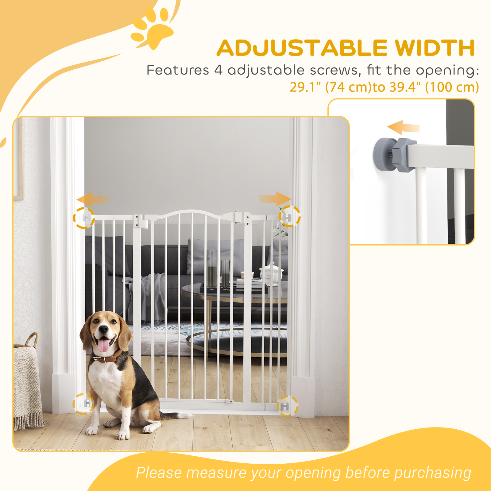 Extra Tall Dog Gate with Door, Pressure Fit, Auto Close, Double Locking for Doorways Hallways Stairs, 29"-39", White