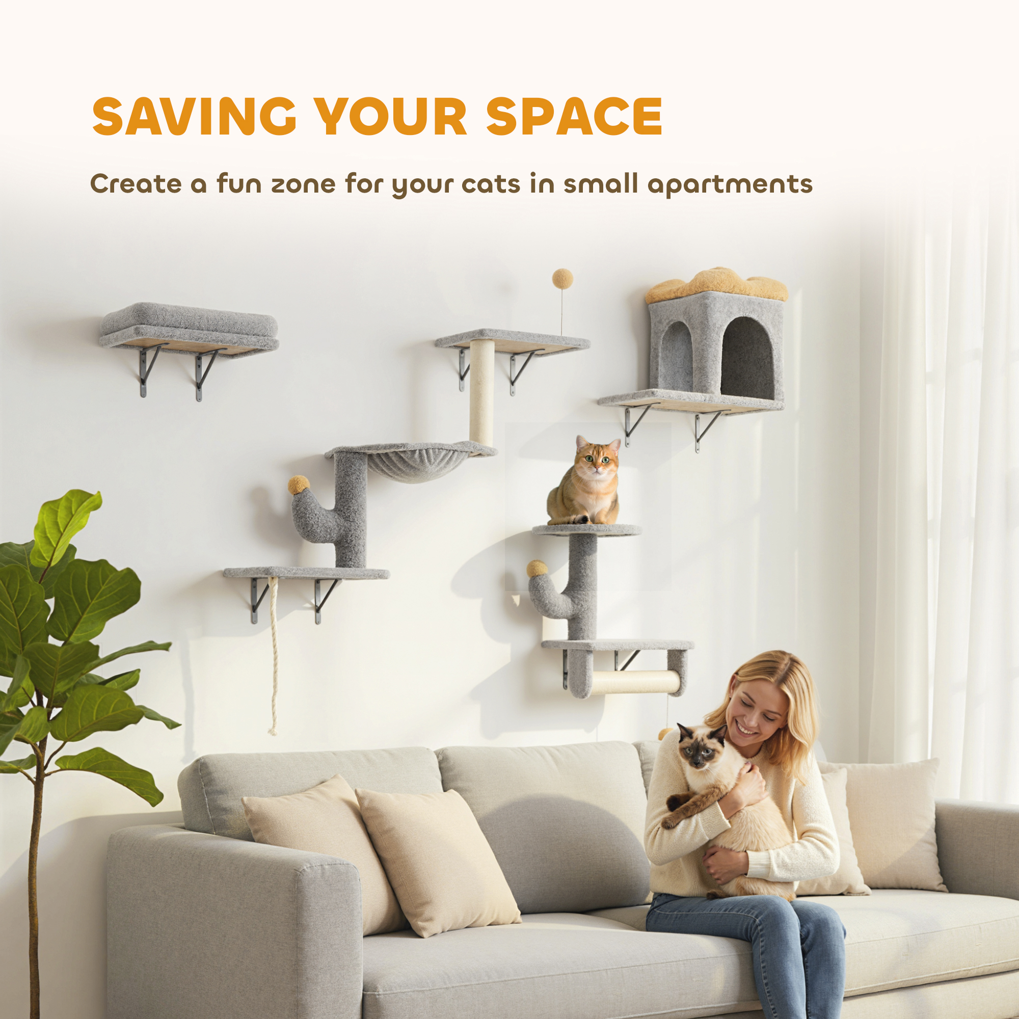 Cat Wall Shelves, 4 Pcs Cat Wall Furniture Set with Scratching Posts, Condo, Hammock, Perchs, Light Grey