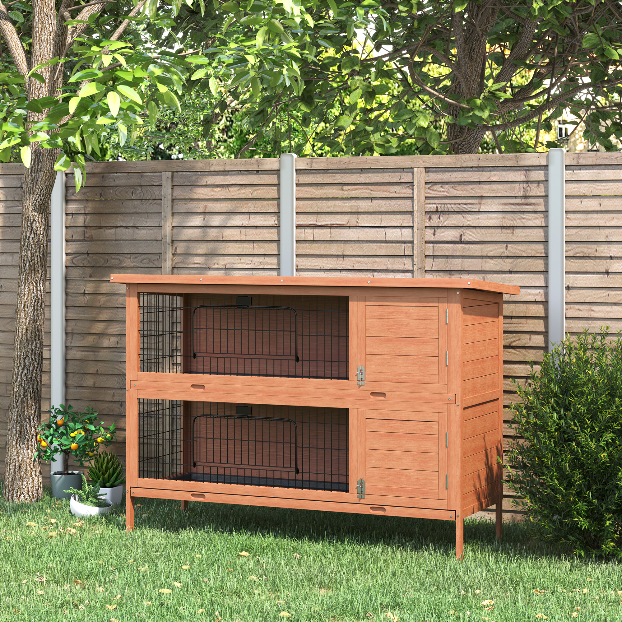 54"L 2-Story Large Rabbit Hutch Bunny Cage Wooden Pet House Small Animal Habitat with Lockable Doors, No Leak Tray and Waterproof Roof for Outdoor/Indoor Orange