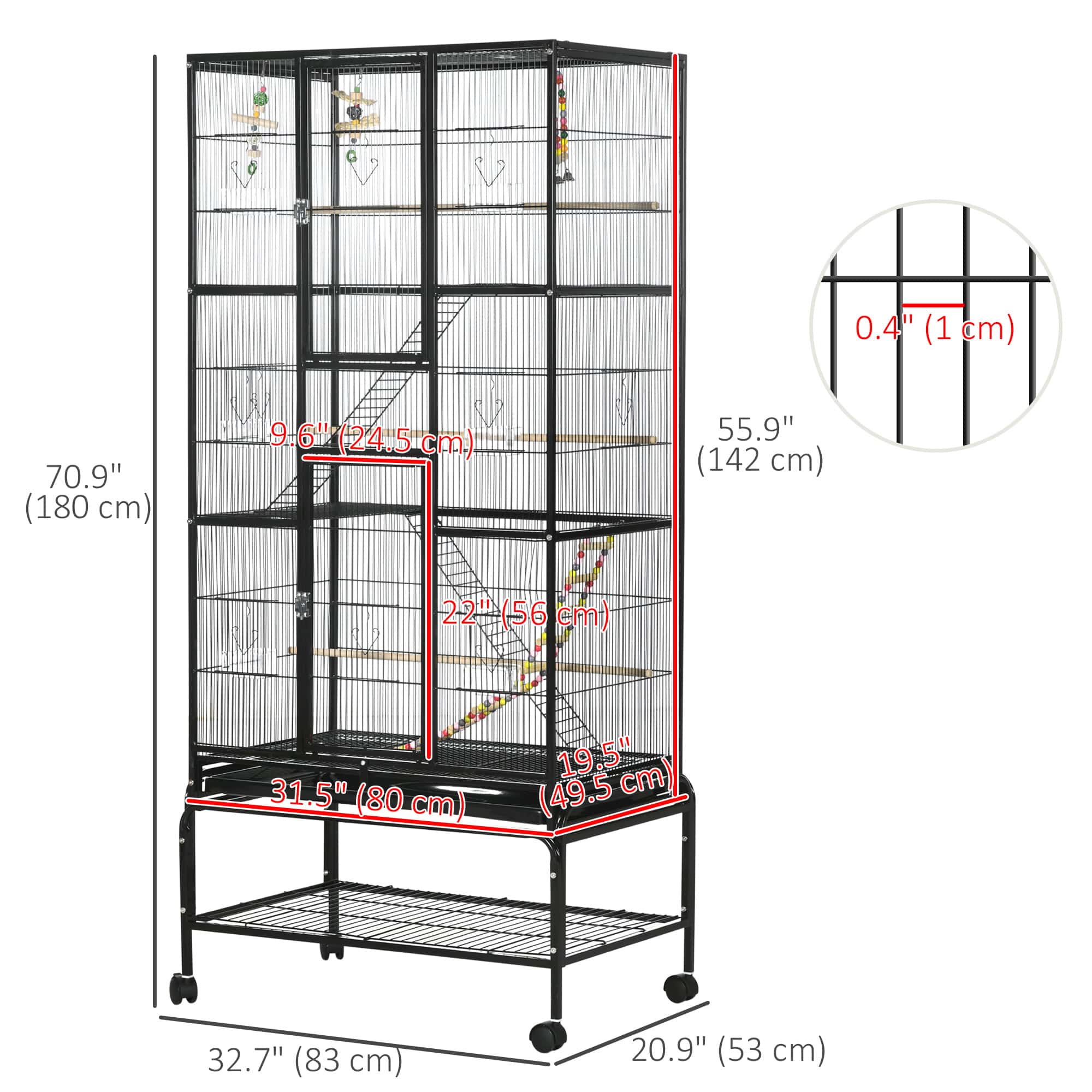 71" Bird Cage with Wheels Perches, Ramp, Storage Shelf, Toys for Canaries, Finches, Cockatiels, Parakeets, Black