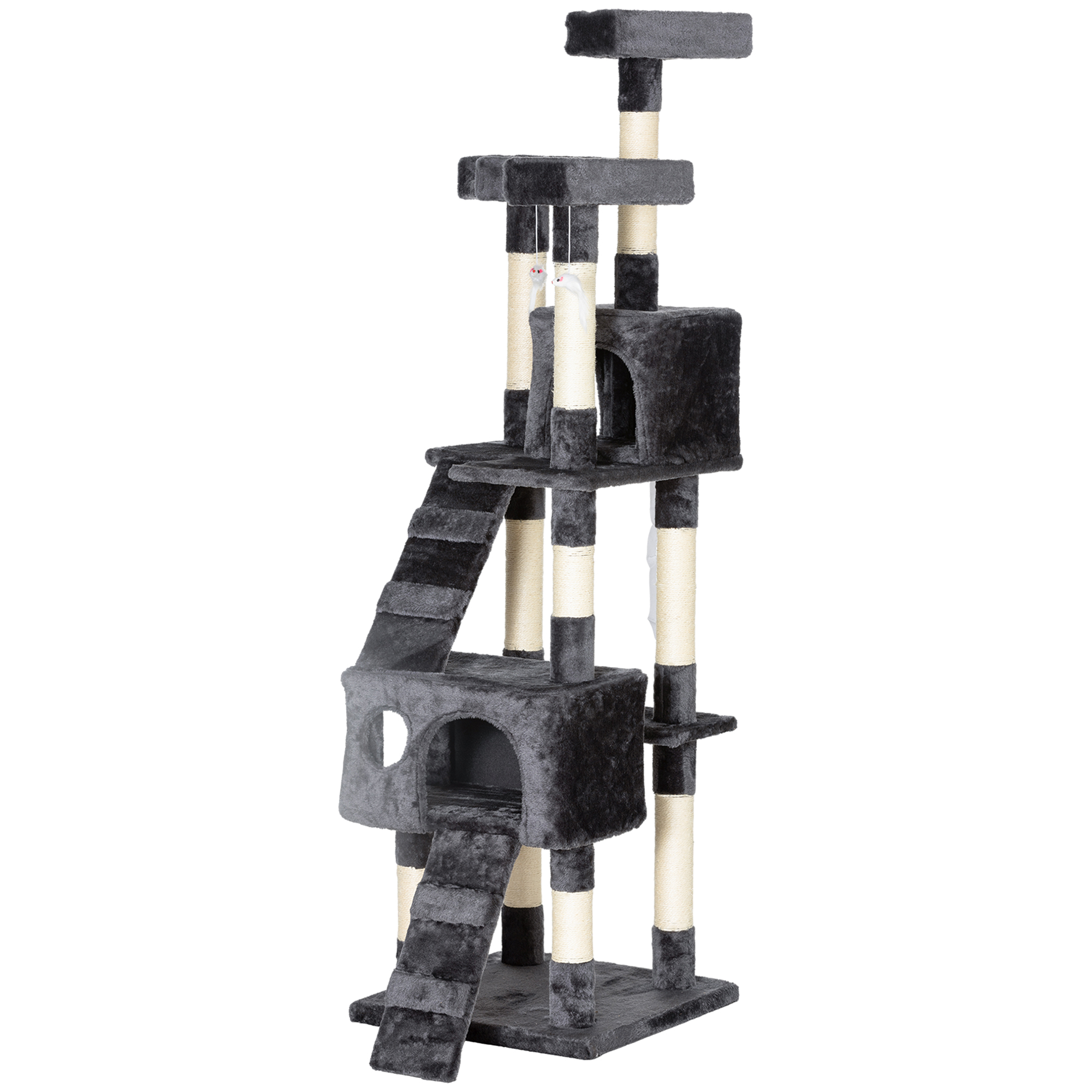 68" Multi-Level Cat Scratching Tree with 3 Perches & 2 Condos, 4 Tier Kitty Activity Center with Ladders & Dangling Toys, Grey - Image 2