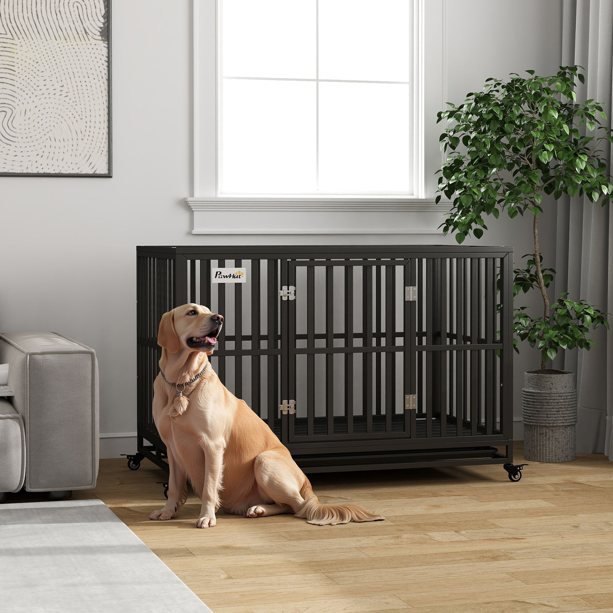 49" Heavy Duty Steel Dog Crate Kennel Pet Cage with Wheels for Convenient Access Anti-Pinching Floor, Black