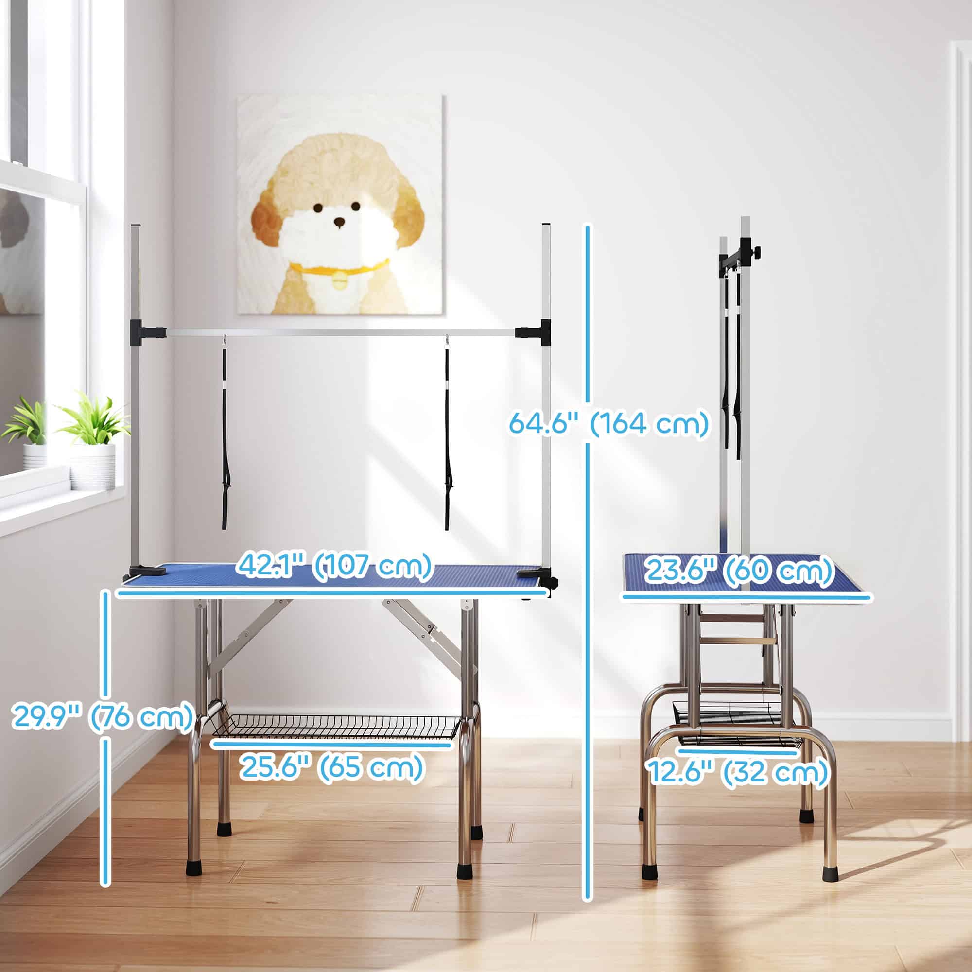 Adjustable Dog Grooming Table with 2 Safety Slings, Storage Basket, Blue