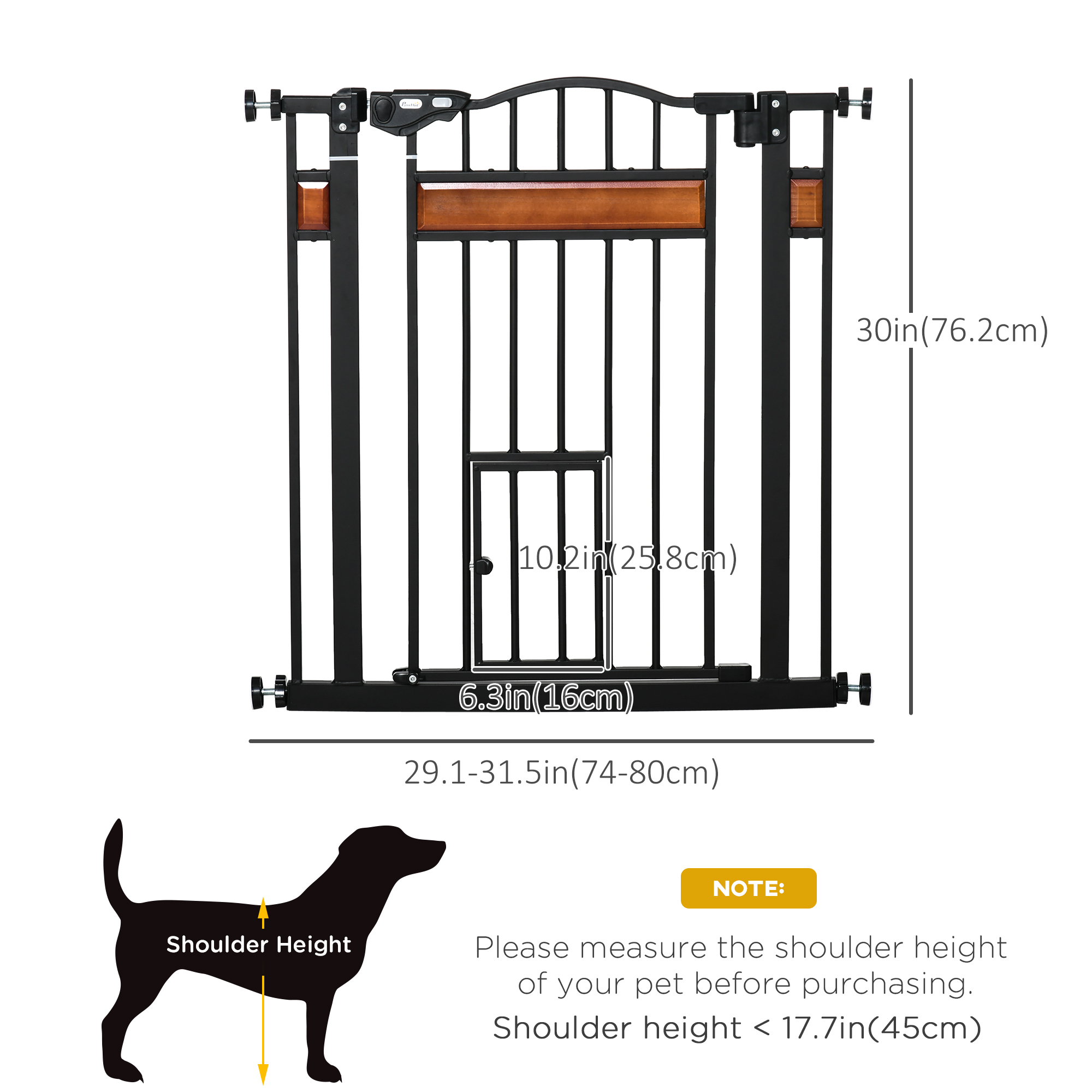 29.1''-31.5'' Extra Wide Dog Gate with Cat Door, 30"H Stair Gate with Extension, Wall Cups, Pressure Fit, Auto Close, Double Locking, for Doorways, Hallways, Stairs, Black