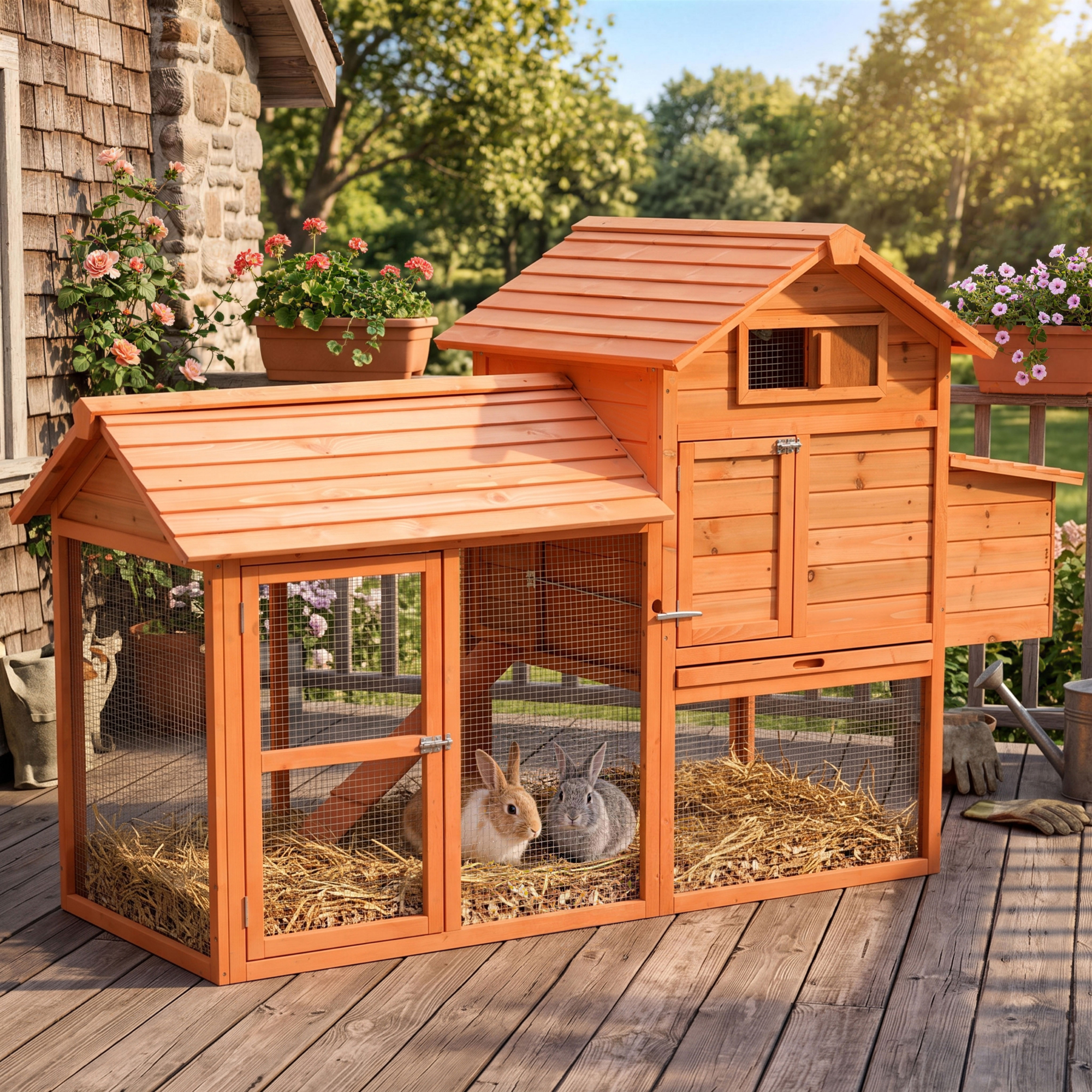 82" Deluxe Chicken Coop Wooden Large Hen House with Run and Nesting Box for Hens Rabbits, Orange