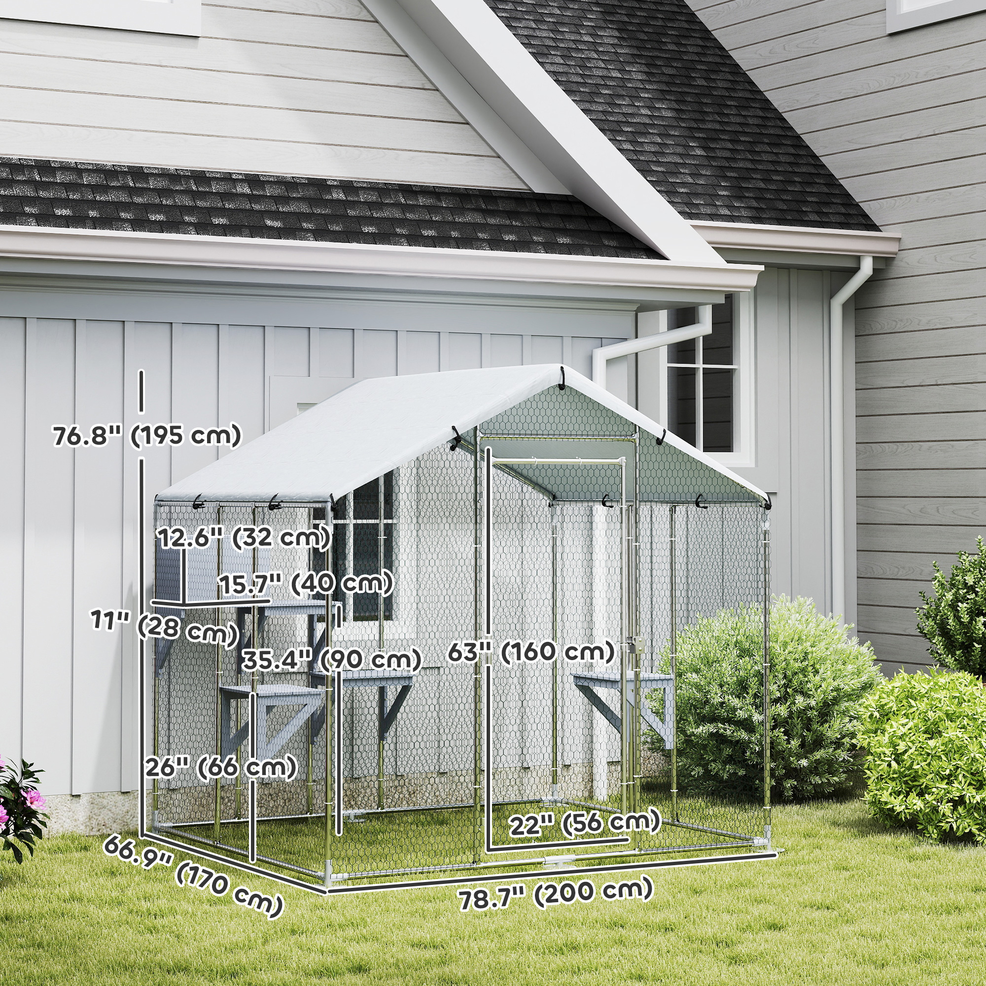 79" Extra Large Metal Outdoor Catio with Waterproof Cover, Resting Box, 4 Platforms, for Multiple Rabbits, Chicken