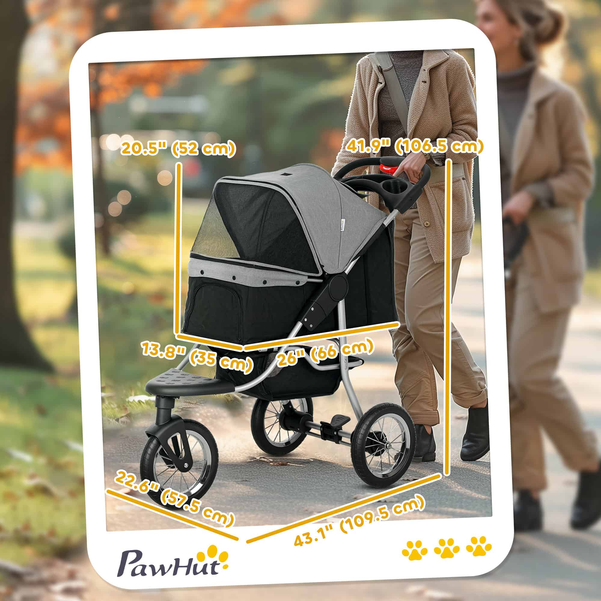 Small Dog Stroller, 3-Wheel Foldable Pet Stroller with Adjustable Canopy and Zippered Mesh Door for Pet Owners, Grey