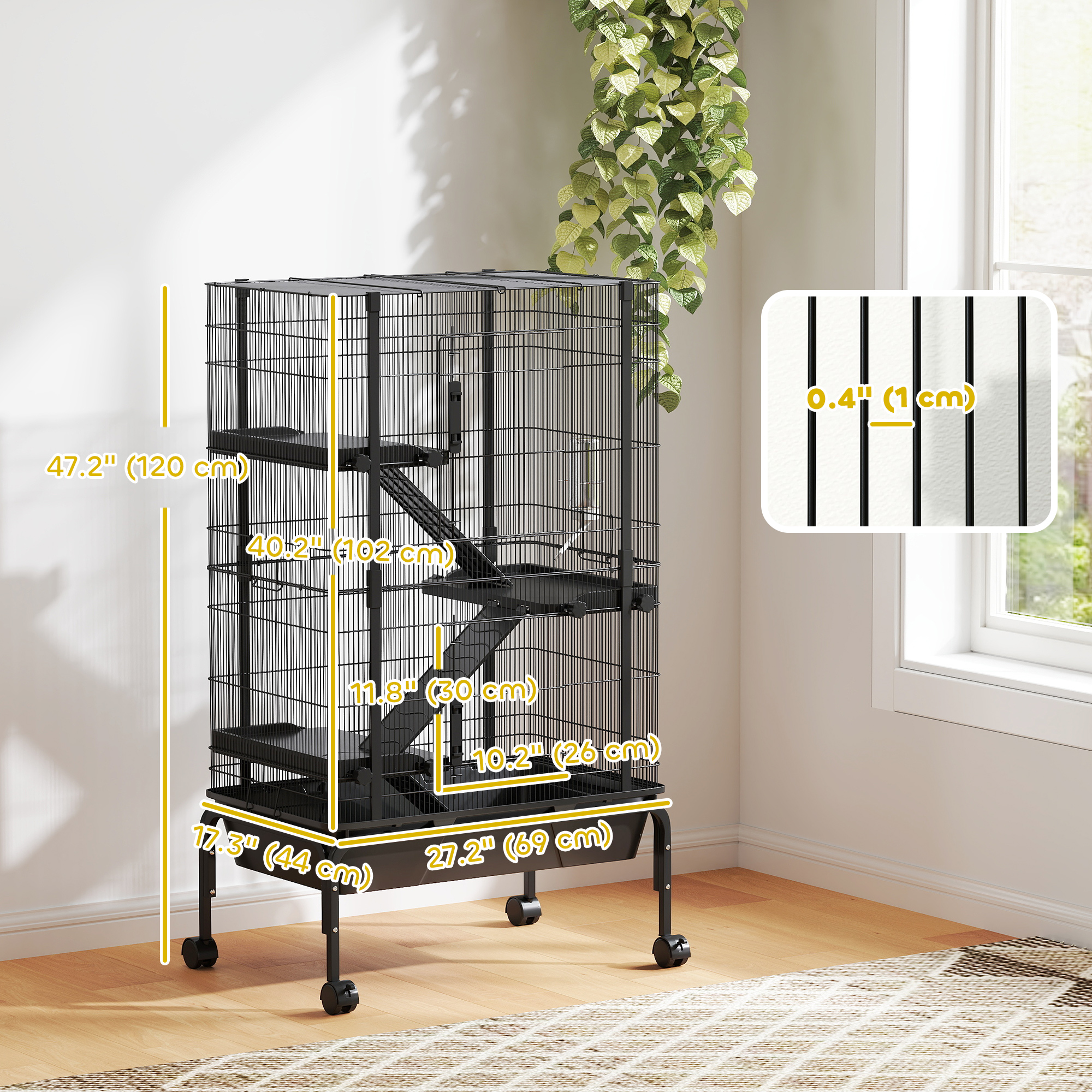 47"H Ferret Cage, Large 4-Tier Guinea Pig Cage with Wheels, Ramps, Bowl, Water Bottle & Removable Tray, Black - Image 3