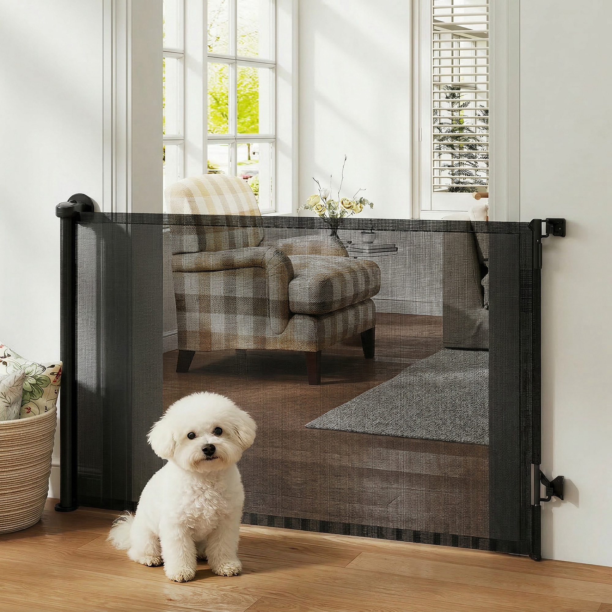 Retractable Dog Gate, 36.6" Tall, Extends to 55" Wide, Mesh Pet Gate with Single Hand Operation, for Stairs, Doorways