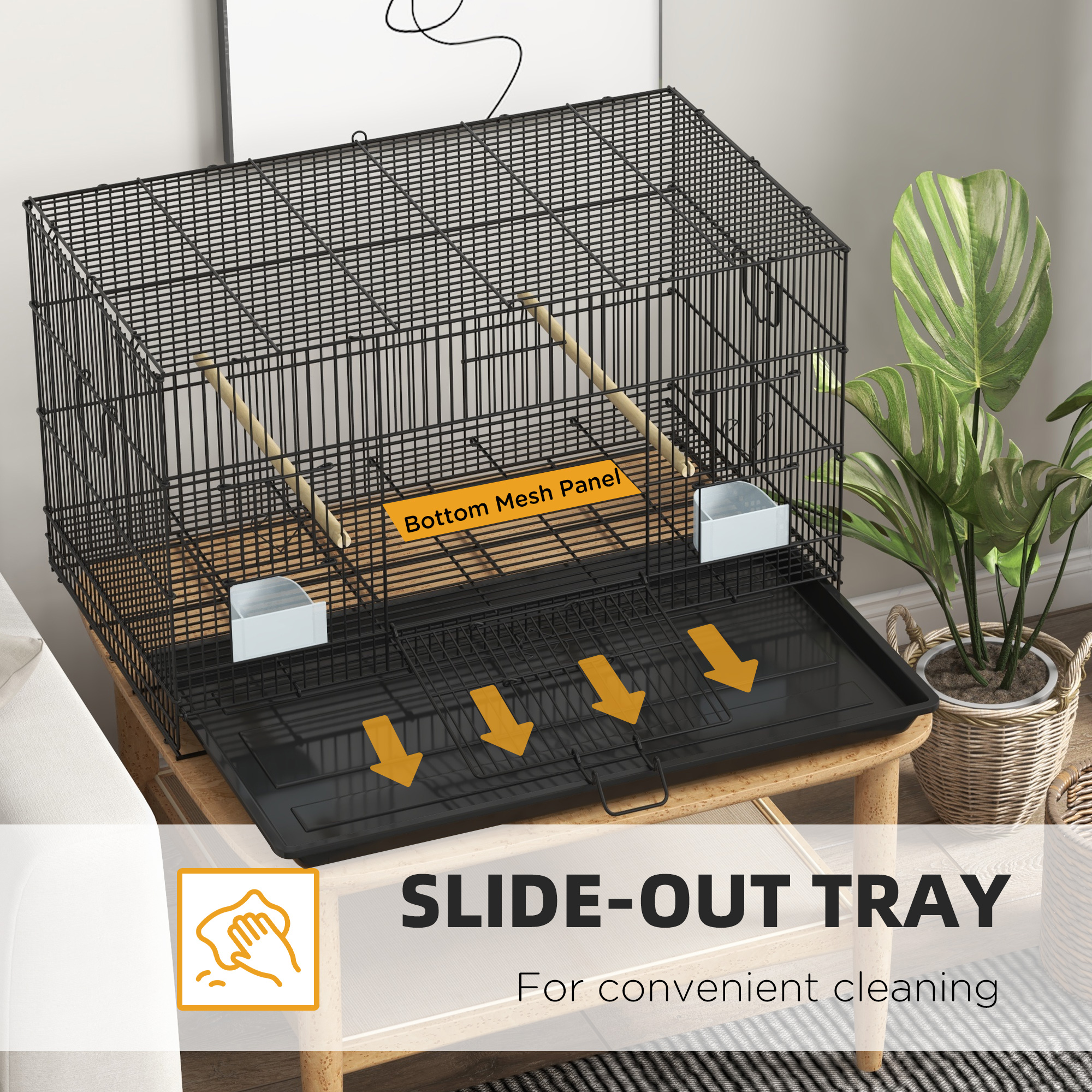 Birdcage for Canaries, Lovebirds Finches, Budgie Cage with Removable Tray, Bottom Mesh Panel, Wooden Perches, Food Containers, 30"L x 18"W x 18"H, Black