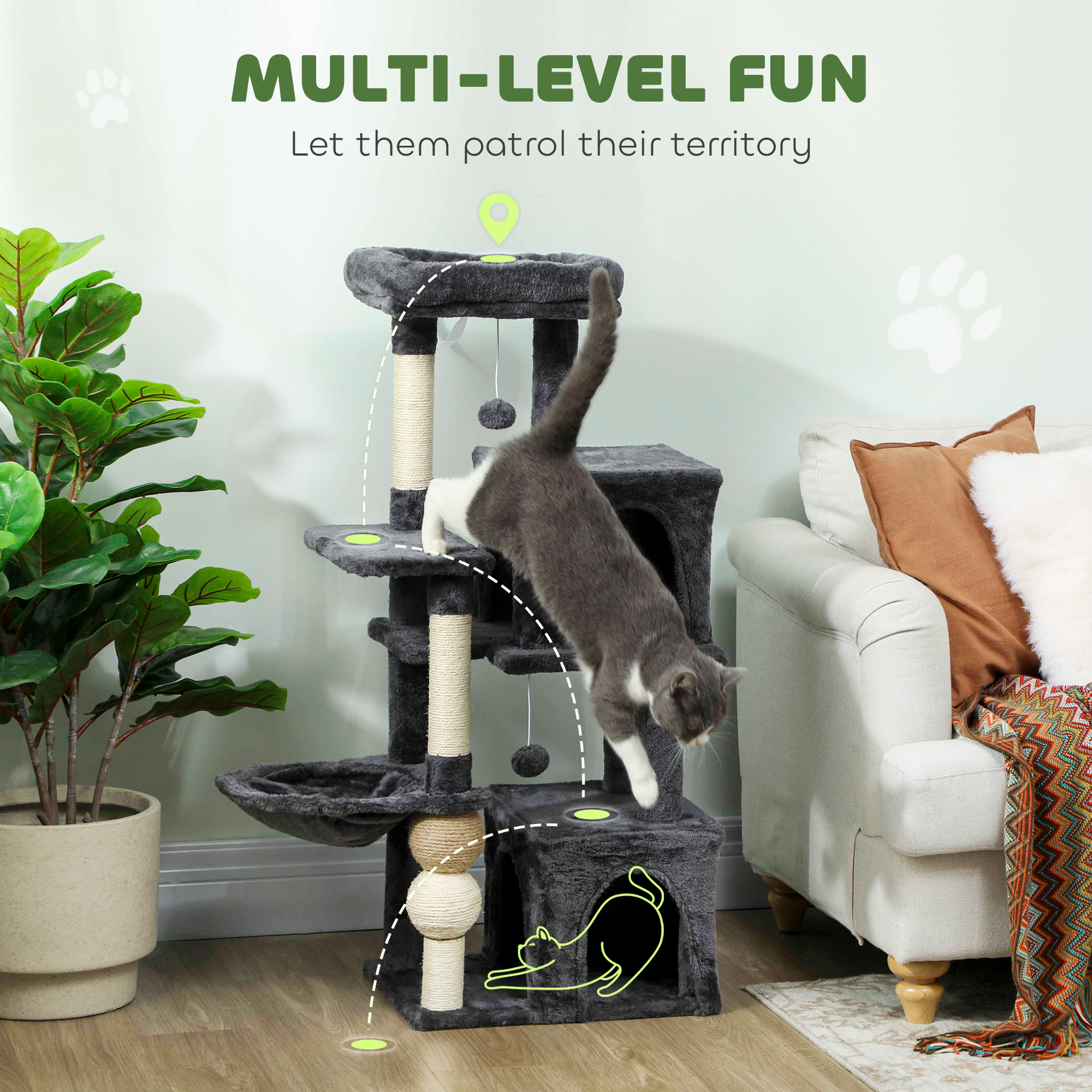 Cat Tower, 42" Multi-Level Cat Tree with Padded Plush Perch, Hammock, 2 Door Condos, Scratching Posts, Toy Balls
