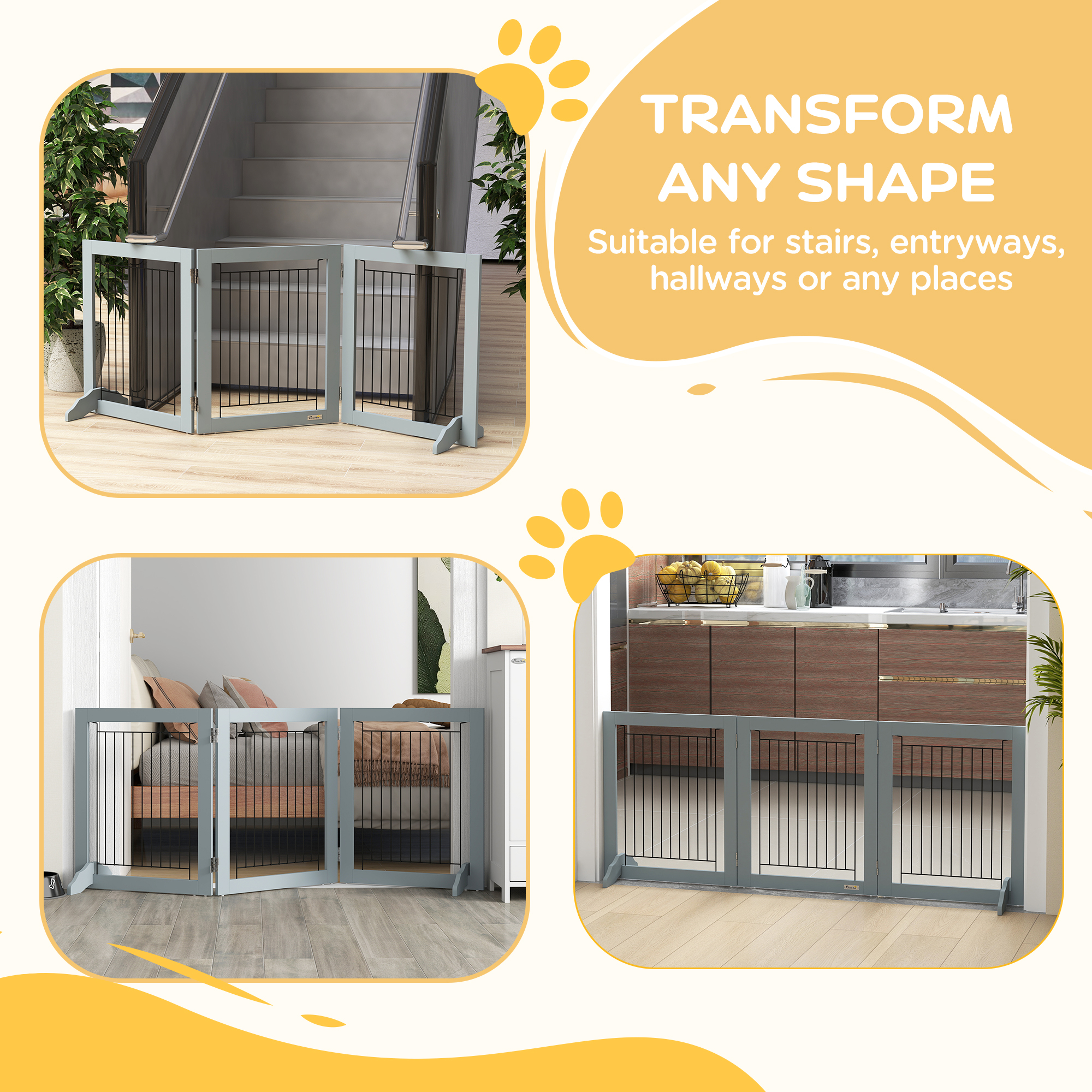 Freestanding Pet Gate, Folding Dog Gate with 2 Support Feet, 24" High, 3 Panels, for Small Dogs, Indoor Use - Grey - Image 4