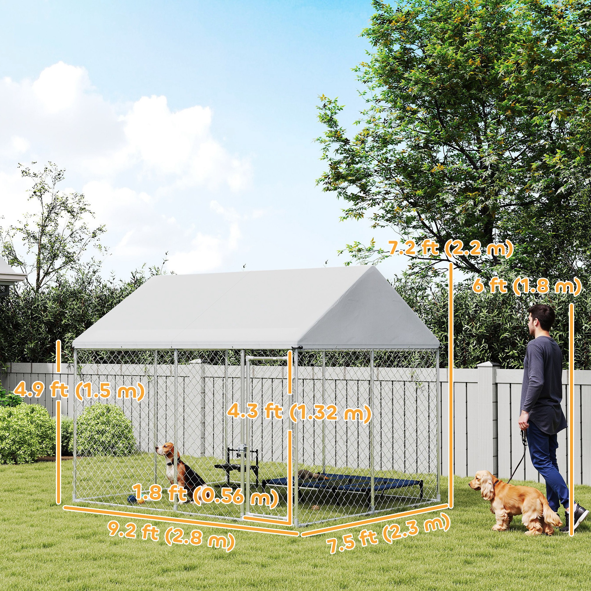 Heavy Duty Galvanized Steel Outdoor Dog Kennel with Waterproof Roof, Safety Lockable Latch System, 9.2' x 7.5' x 7.2'