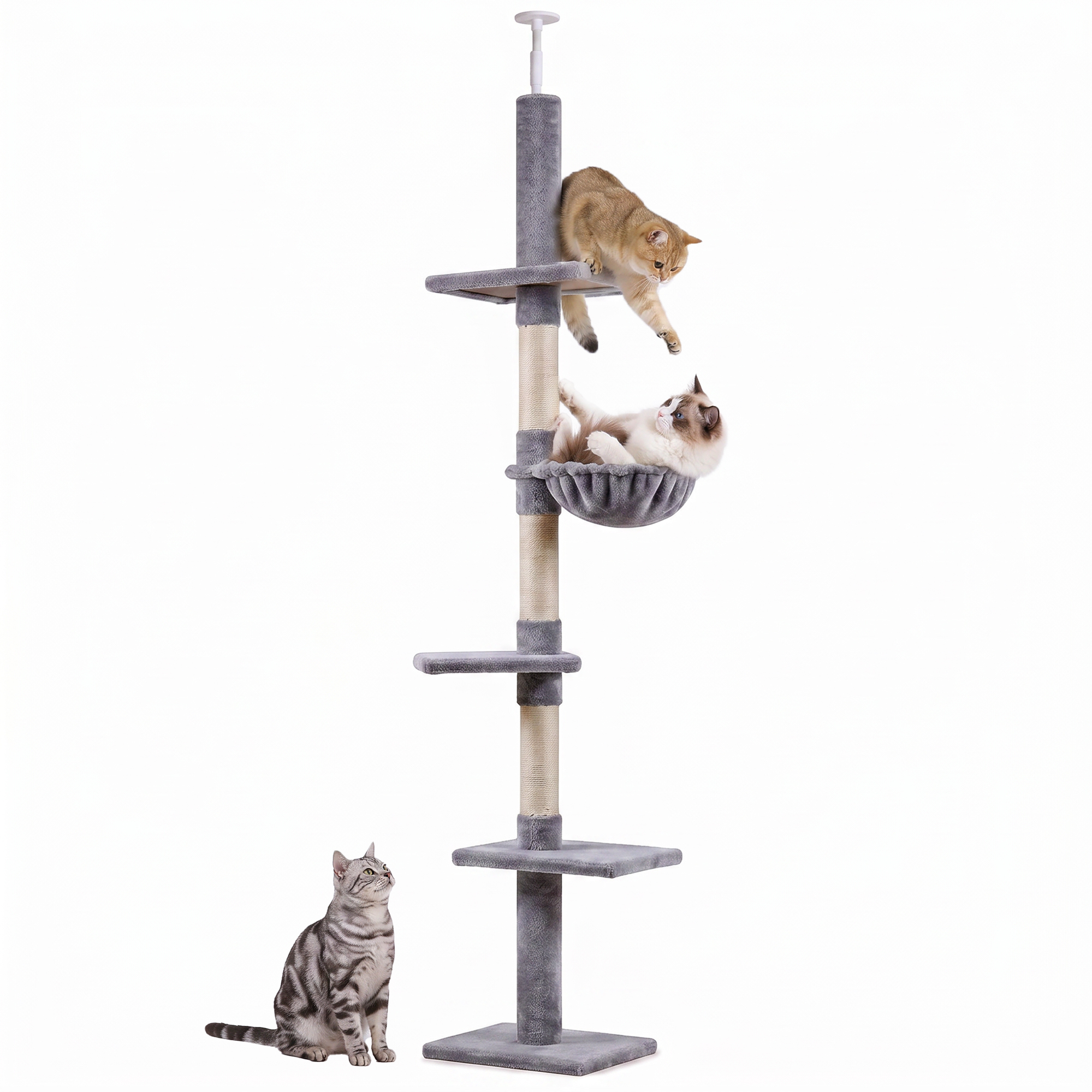 8.5ft Cat Climbing Tree 5-Tier Cat Activity Center Floor-to-Ceiling Cat Climber Toy with Scratching Post Play Rest Post Pet Furniture Grey