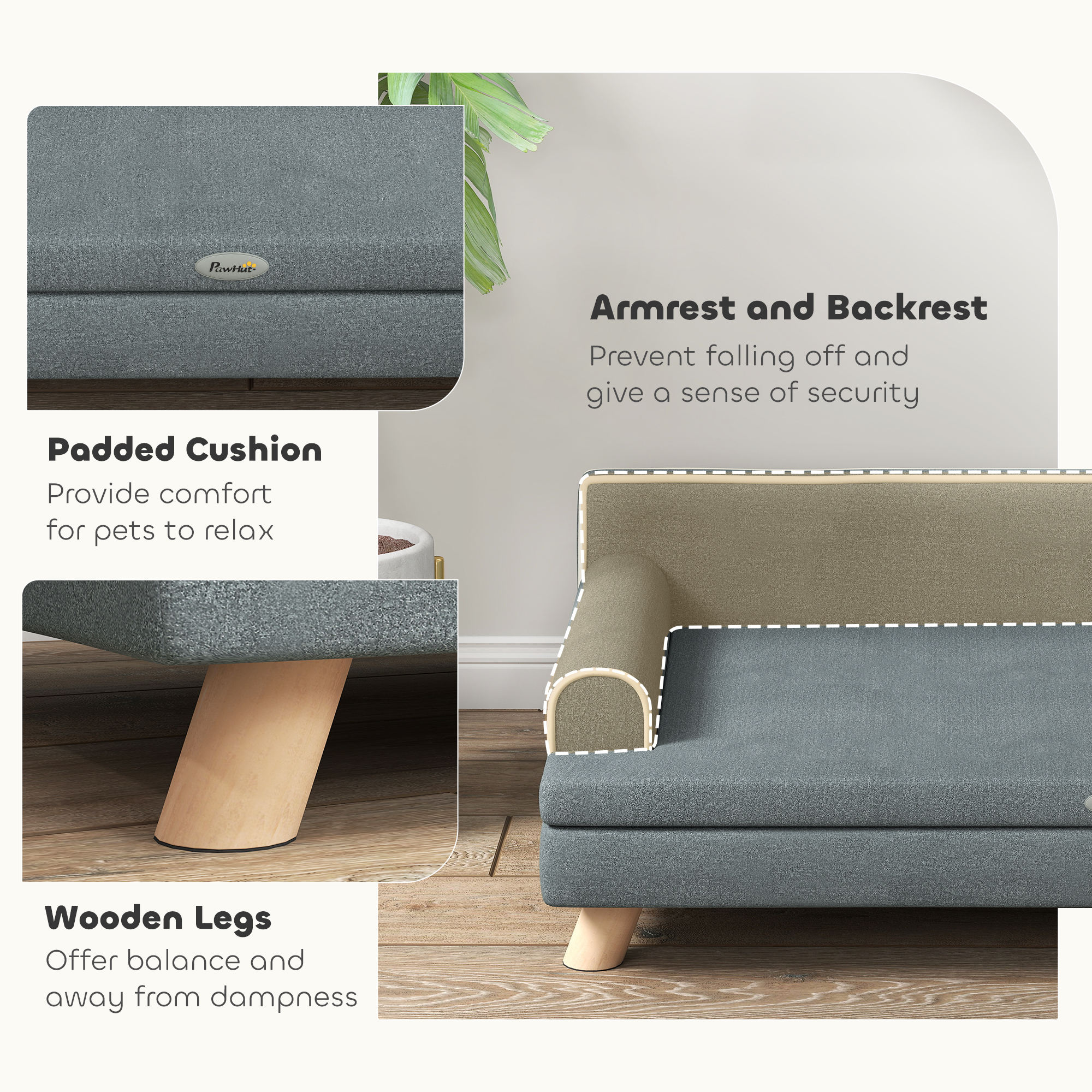 Elevated Dog Sofa Bed, Cat Couch with Cushion, Washable Cover, Wooden Legs, for Medium & Large Dogs, Dark Grey