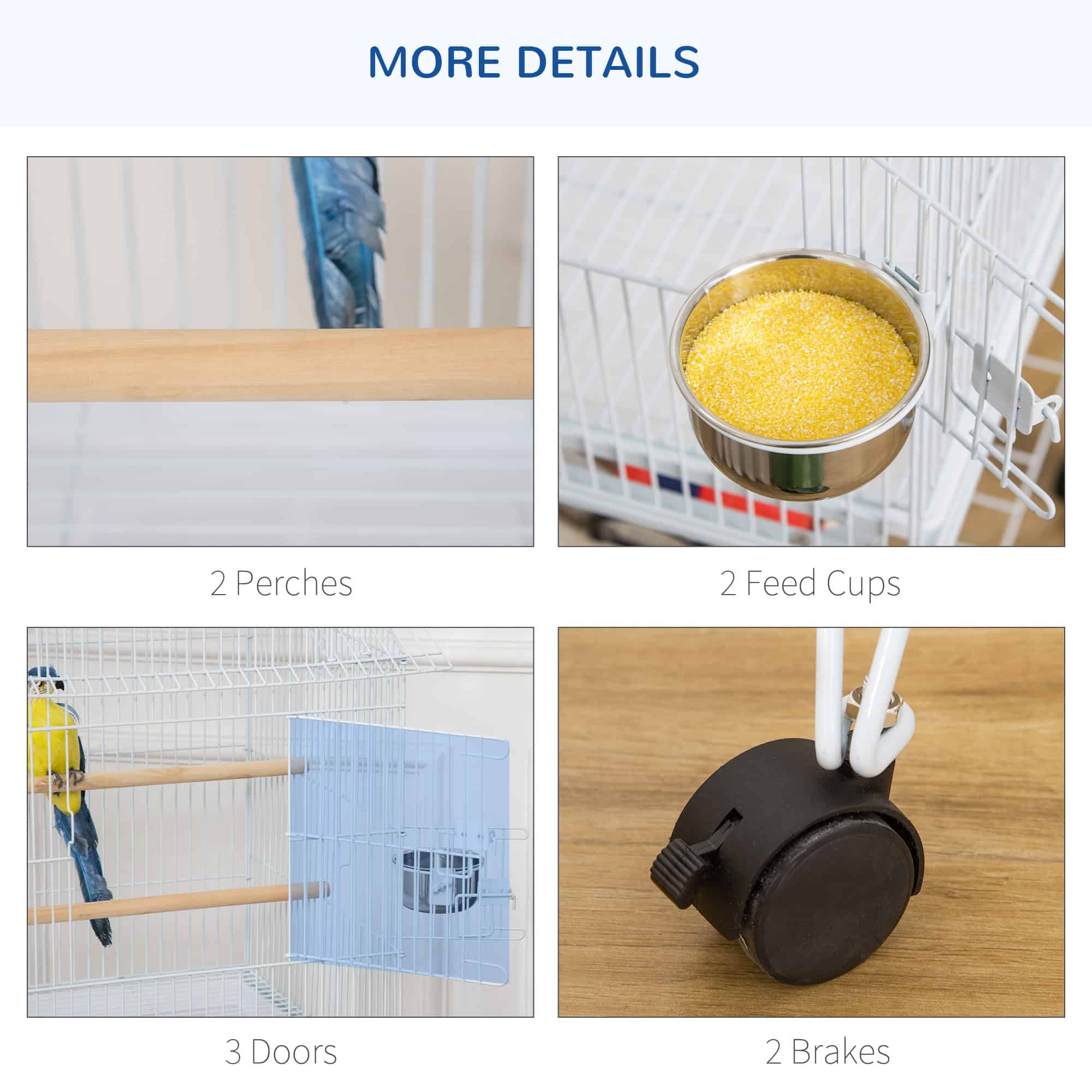 53.9'' Large Rolling Steel Bird Cage Bird House with Detachable Rolling Stand, Storage Shelf, Wood Perch, Food Container, White